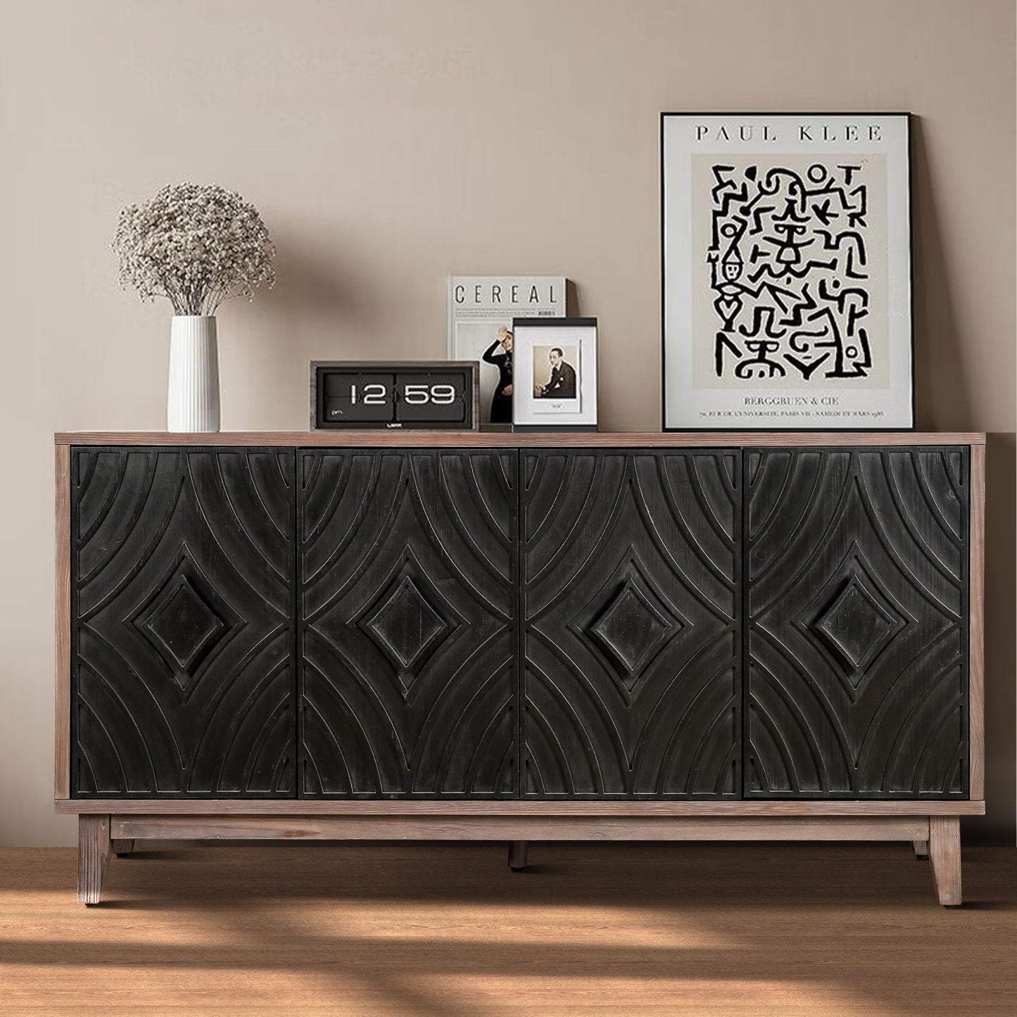 Mid Century Sideboard Buffet Cabinet with Solid Wood Legs 60" Kitchen Storage Cabinet Credenza with 4 Convex pattern diamond Doors and 2 Shelves Accent Console Table for Living Room Entrance Hall etc