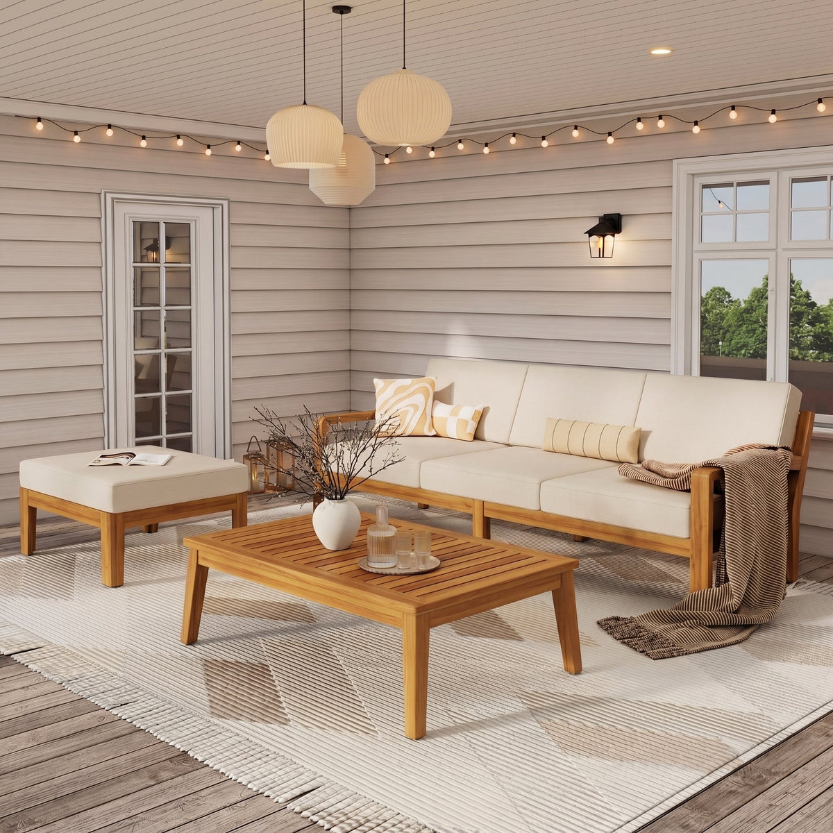 Outdoor L Shape 3-Piece Acacia Wood Patio Sofa Set