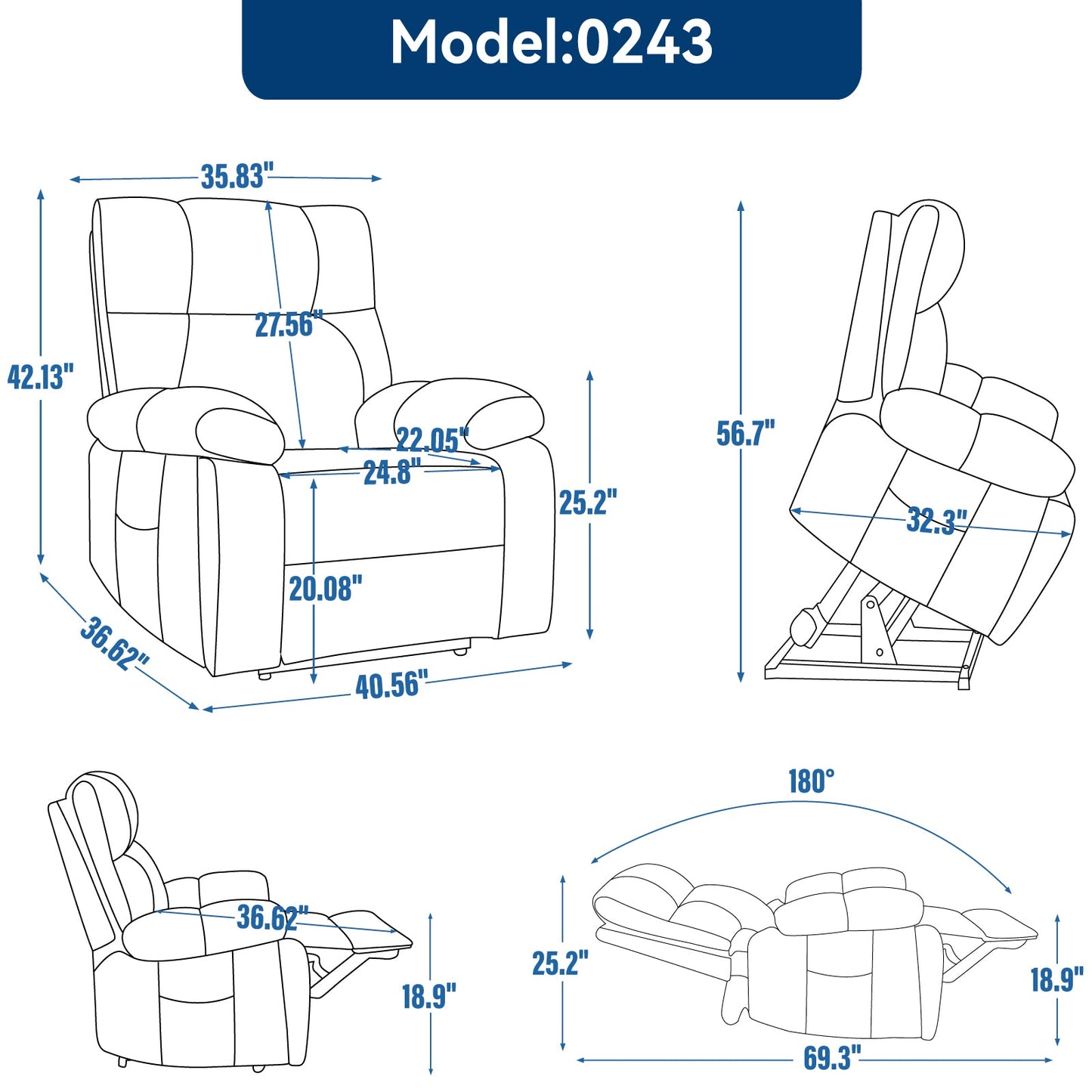 Blue Heat Massage Dual Motor Electric Power Lift Recliner