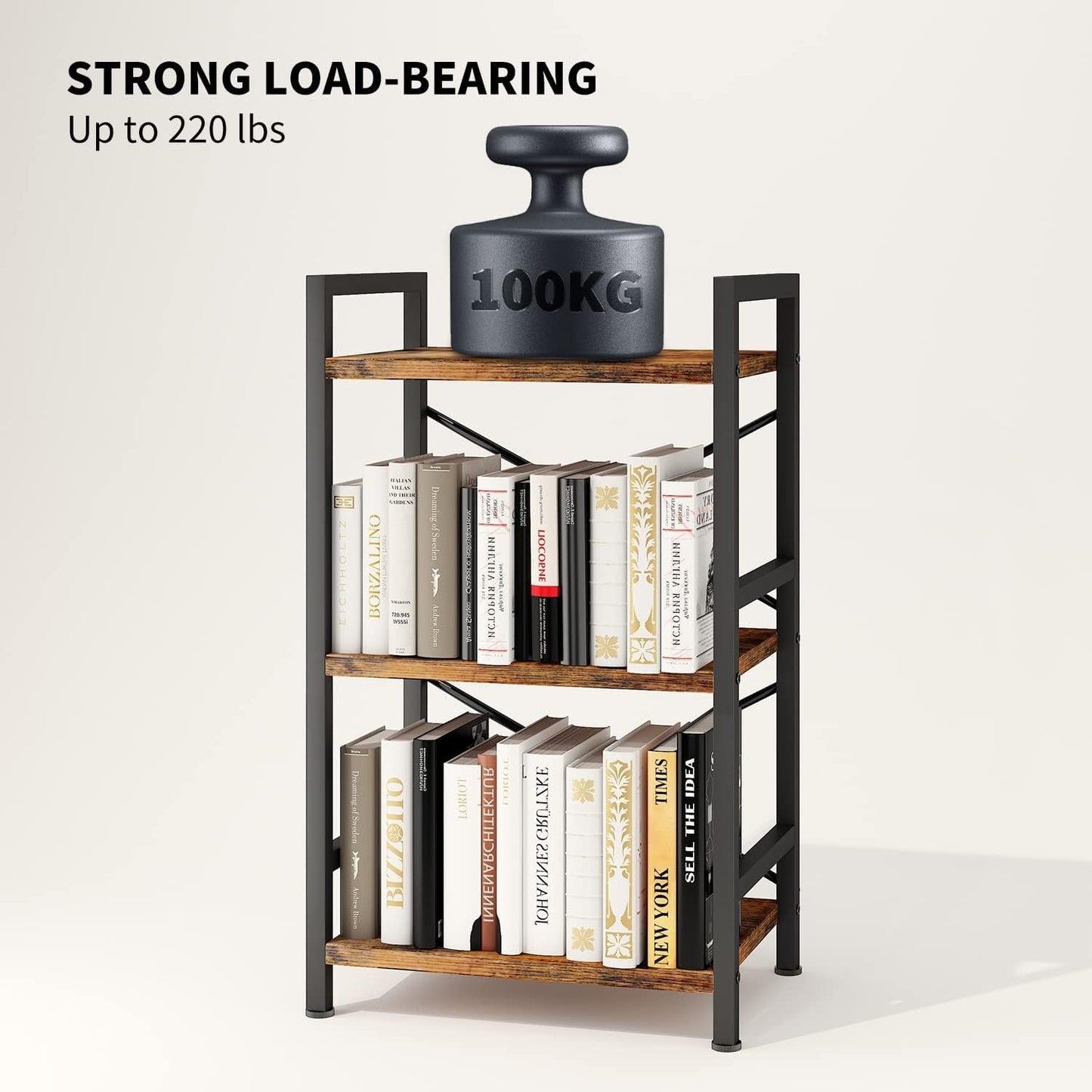 Rustic Brown 3 Tier Metal Bookshelf For Living Room