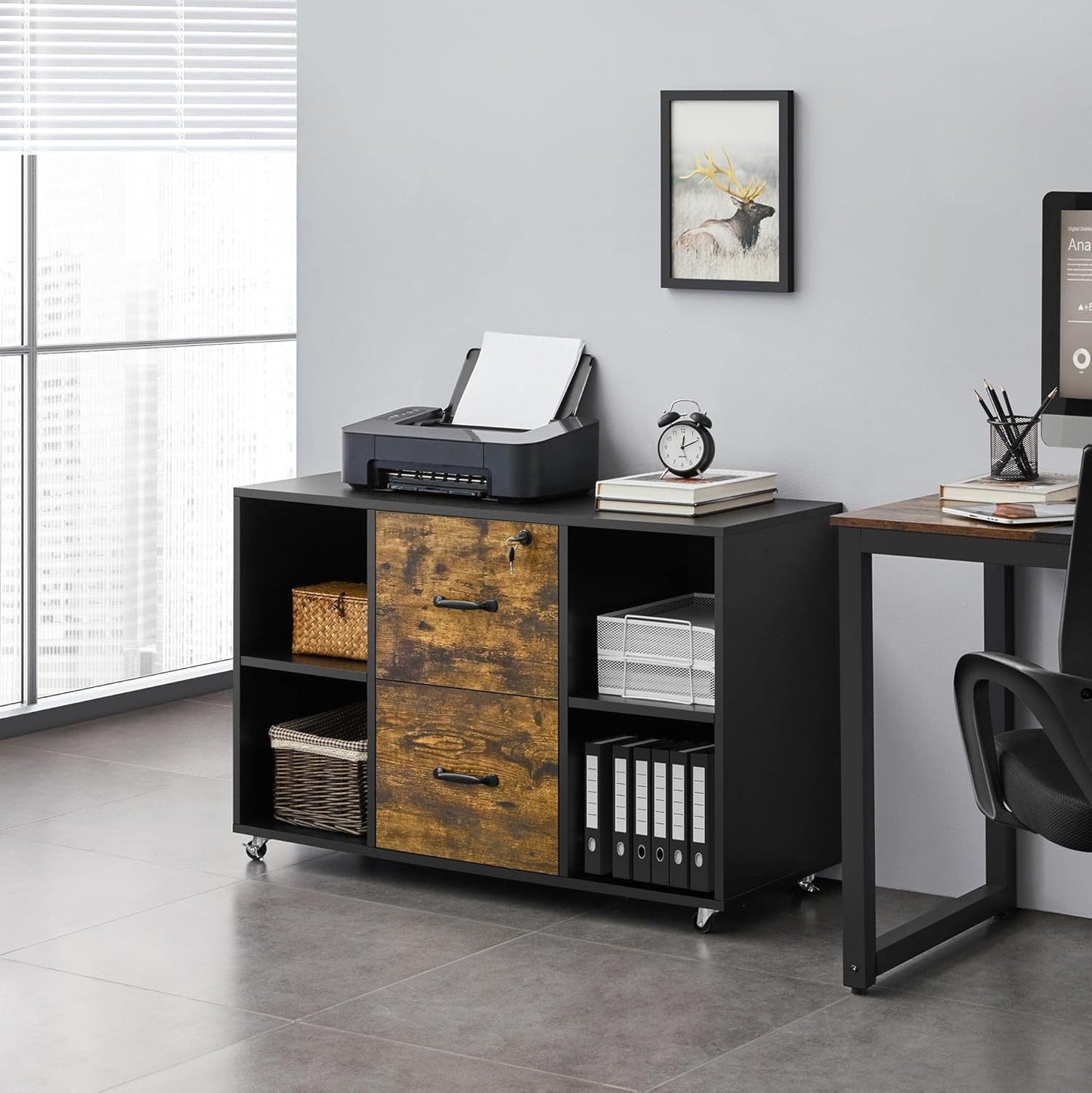 Lateral Filing Cabinet 2 Drawers 4 Open Compartments Black