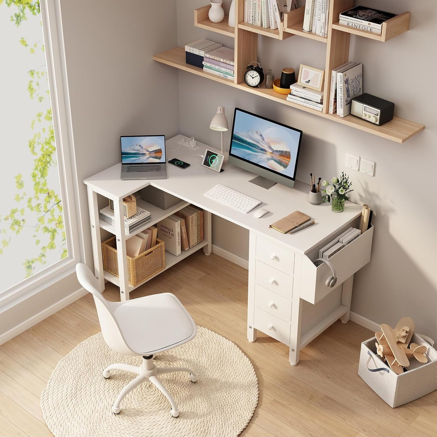 White 47 Inch L Shaped Corner Desk With Reversible Storage
