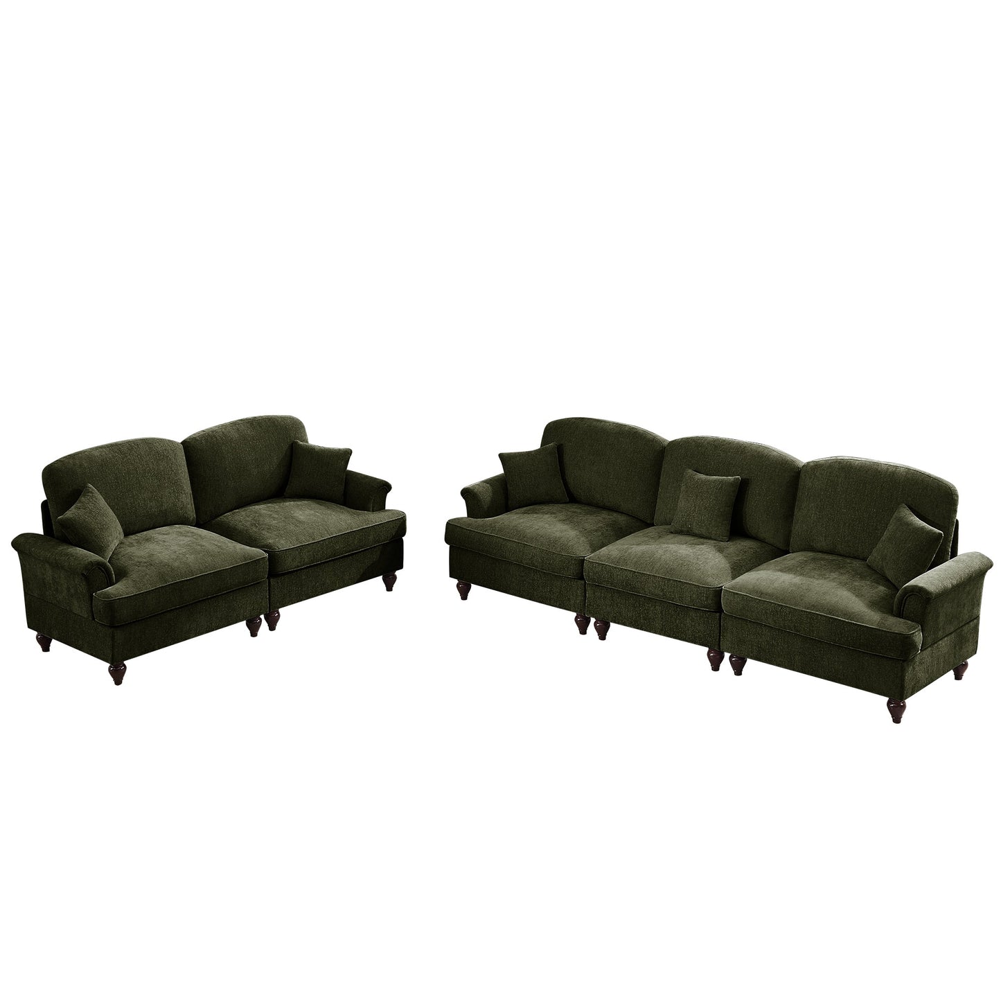 Classic 2 Piece Modular Couch Living Room Sofa Set with Flared Arms and Removable Ruffles Pleats Skirts and Spindle Legs, 3 Seater Sofa + 2-Seat Loveseat Sofa Sets for Living Room,Green