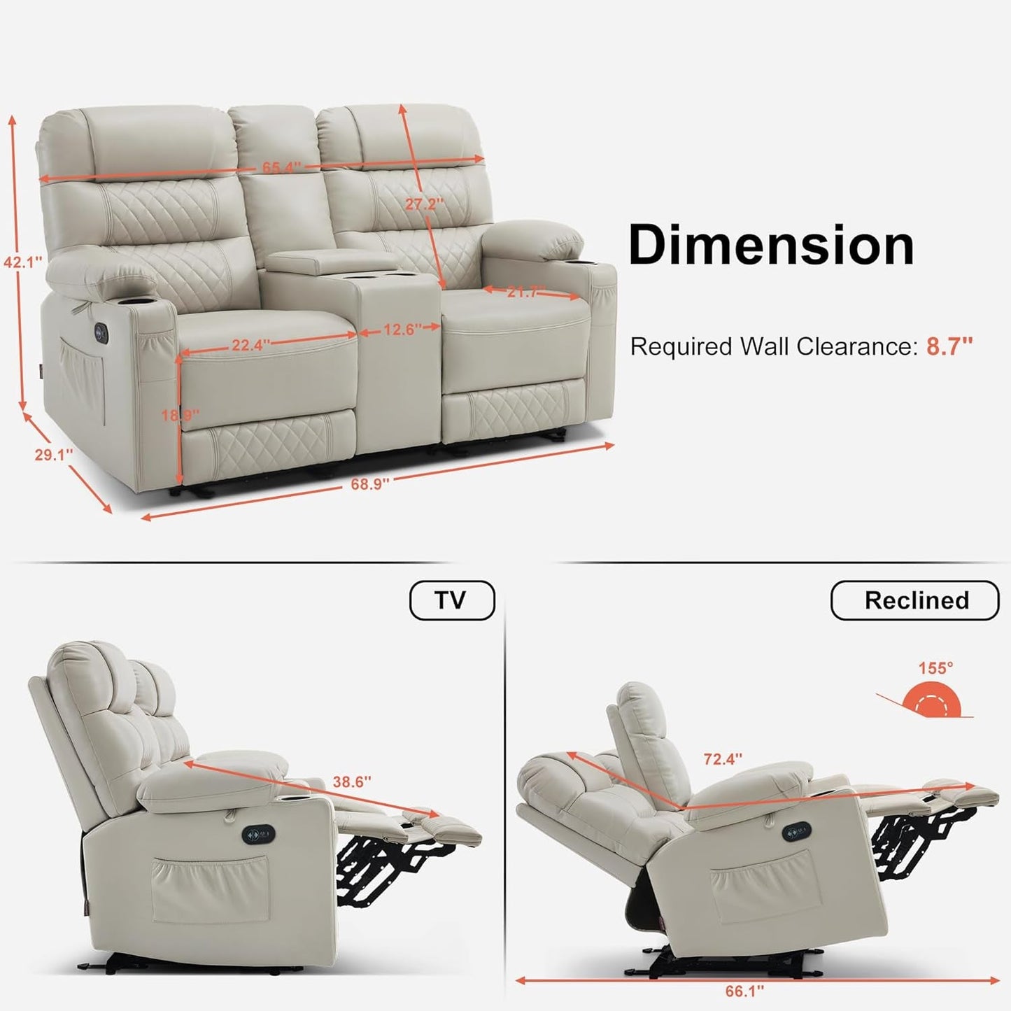 Power Recliner Loveseat With Console And Heat Vibration USB Light Grey