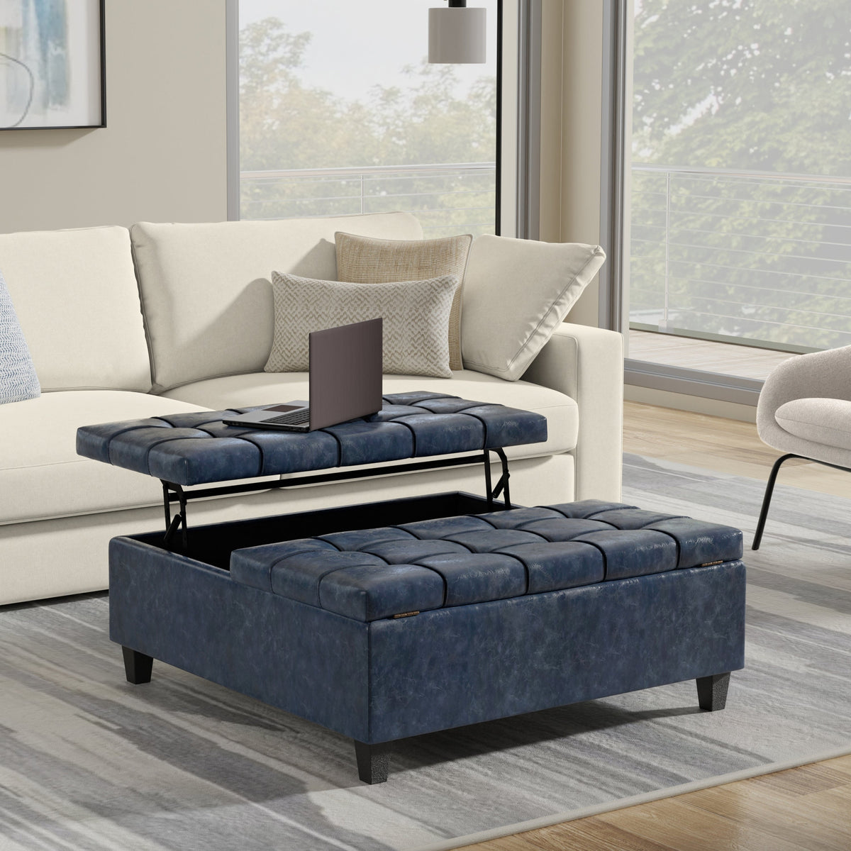 Harrison 40 Inch Wide Large Square Coffee Table Storage Ottoman in Denim