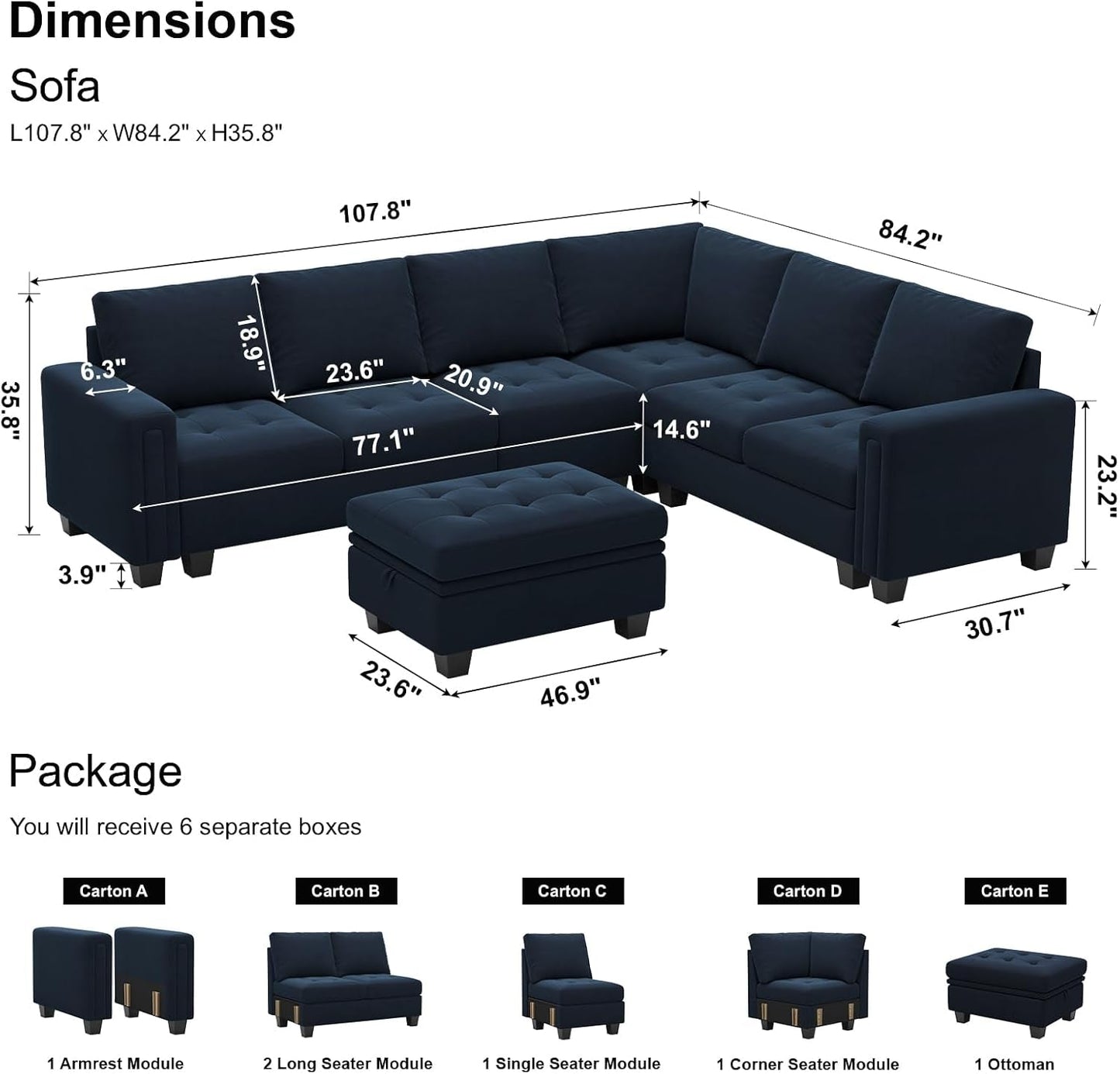 Velvet L Shaped Sofa Reversible Chaise Storage Ottoman Blue