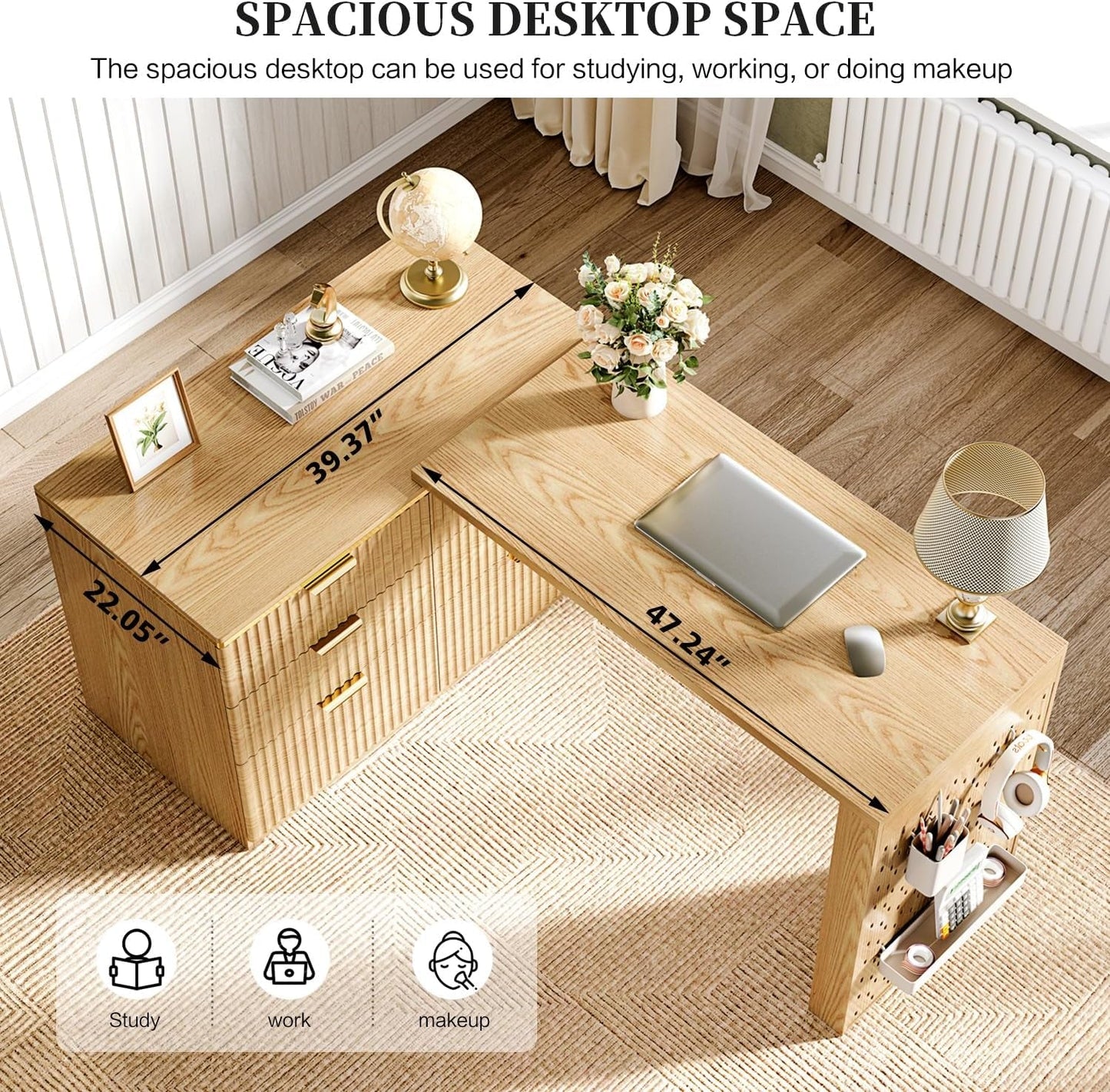 Oak Forty Seven Inch L Shaped Corner Desk With Drawers