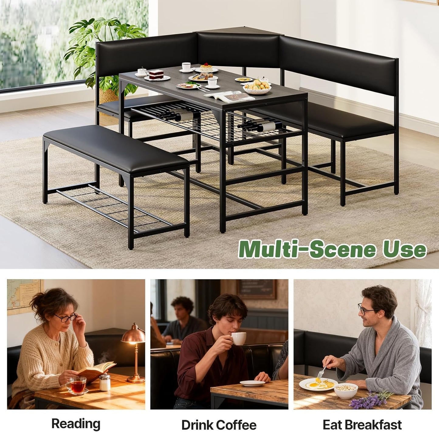 Corner Dining Table Set Space Saving Graphite Grey 4To6