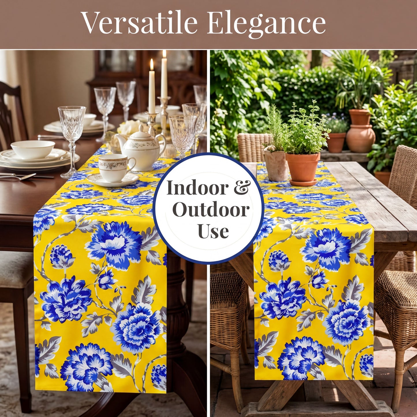 Printed Table Runner - Yellow Blue Floral Indoor Outdoor Dining Table Decor