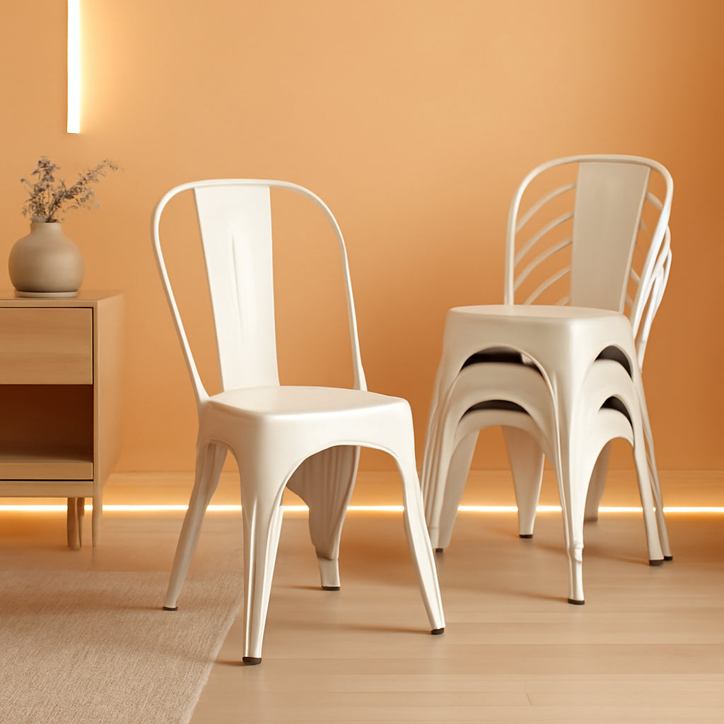 Tolix Style Metal Dining Chair White Stackable Set Of 4 in modern decor with wood and beige background.