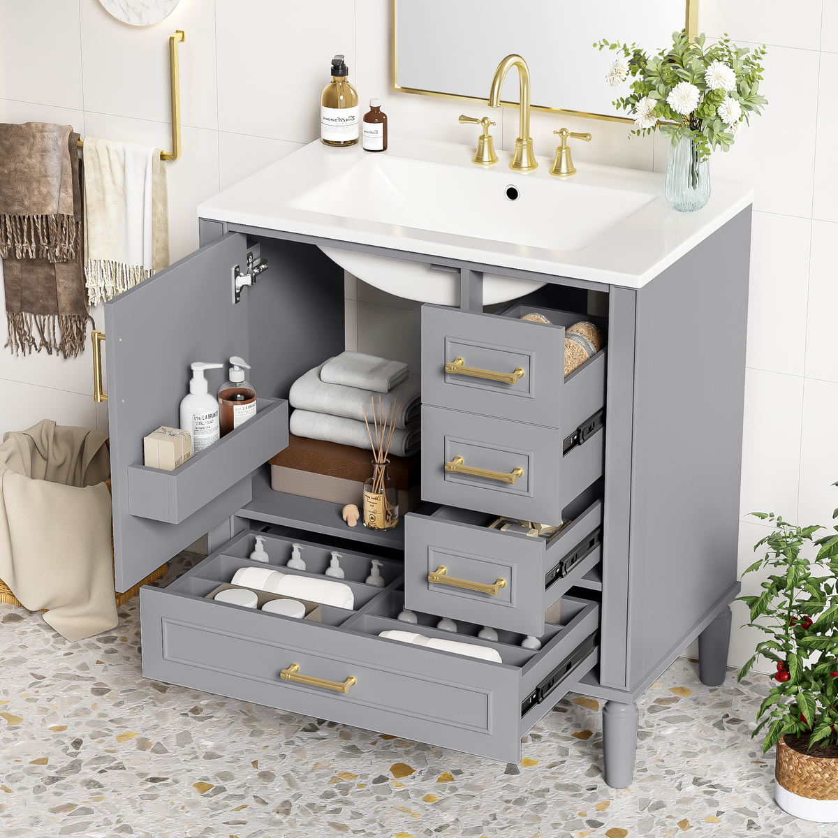 30" Bathroom Vanity with Ceramic Sink, Soft-Close Door and Ample Storage