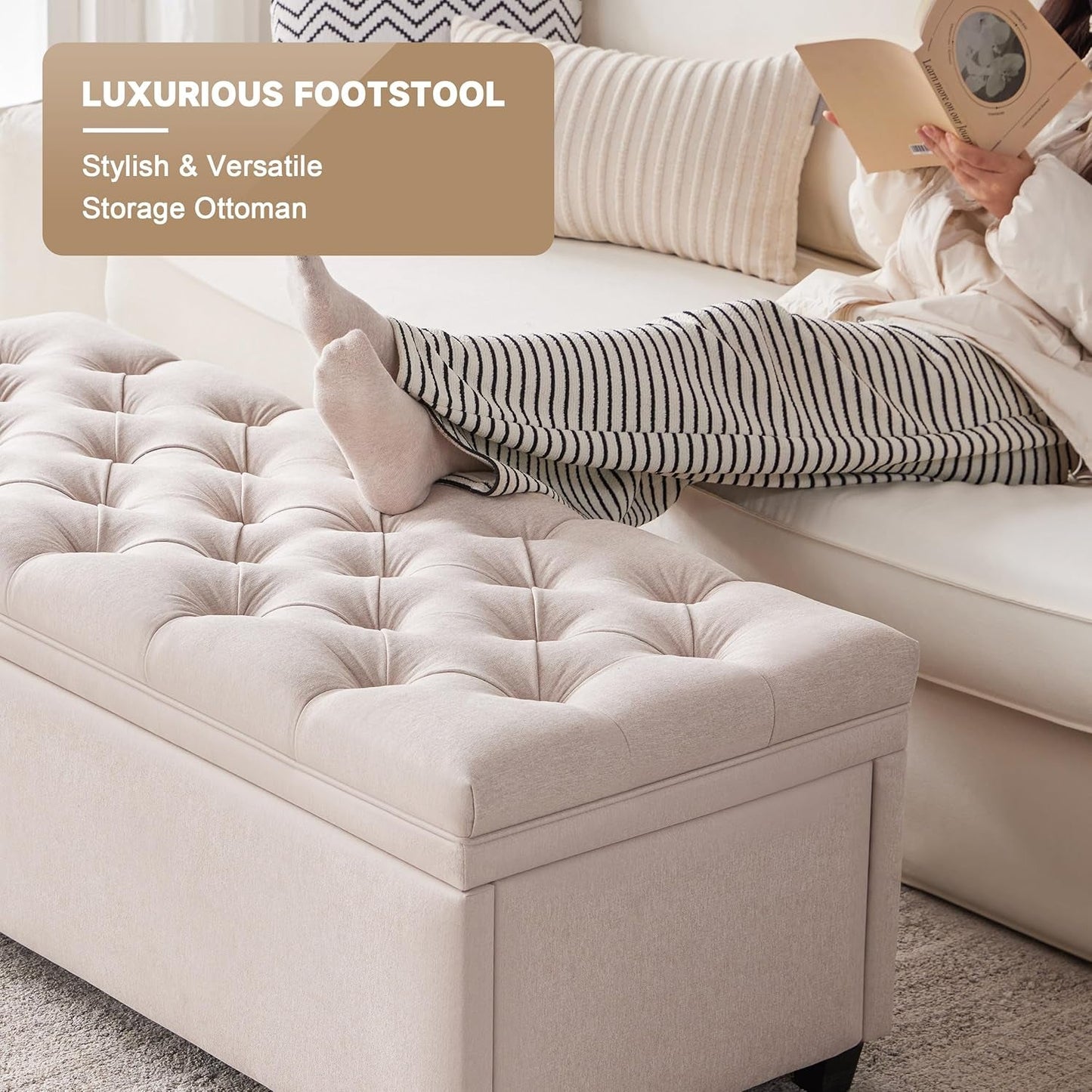 50 Inch Beige Tufted Storage Ottoman Bench Upholstered