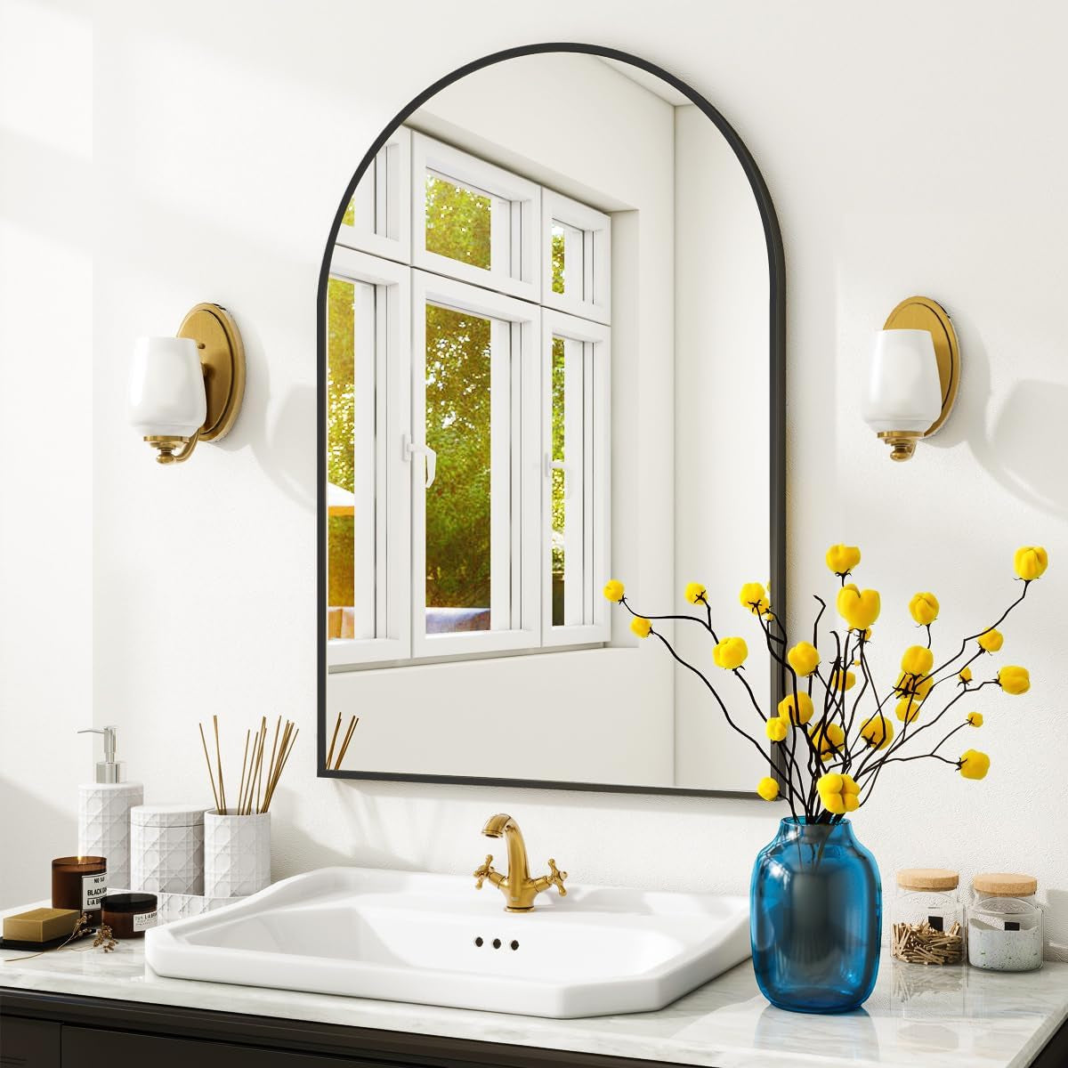 Arched Wall Mirror 24x36 Black Frame Wall Mounted Vanity
