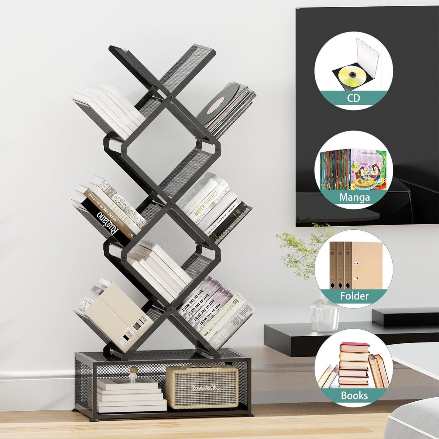 Folding Bookshelf 9 Tier Tree Design With Storage Cabinet