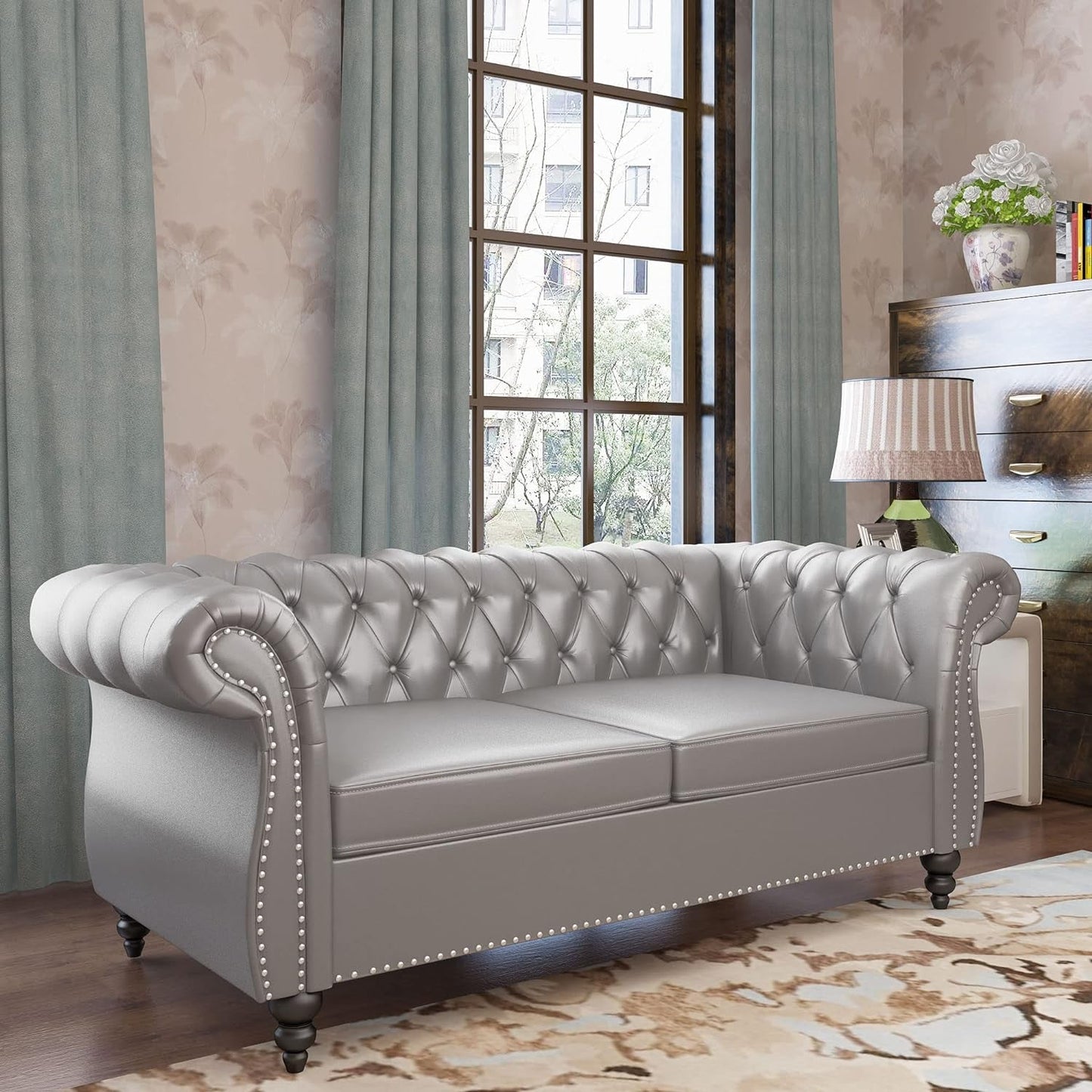 Grey Chesterfield Leather Living Room Set With Scroll Arms