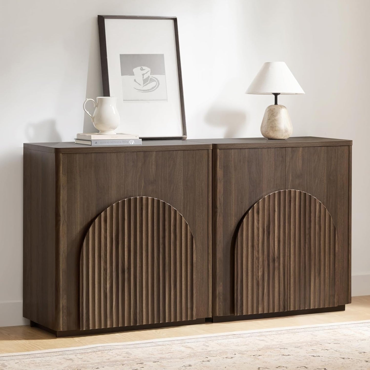 Walnut Sideboard Buffet Cabinet With Generous Storage And Wave Pattern Doors