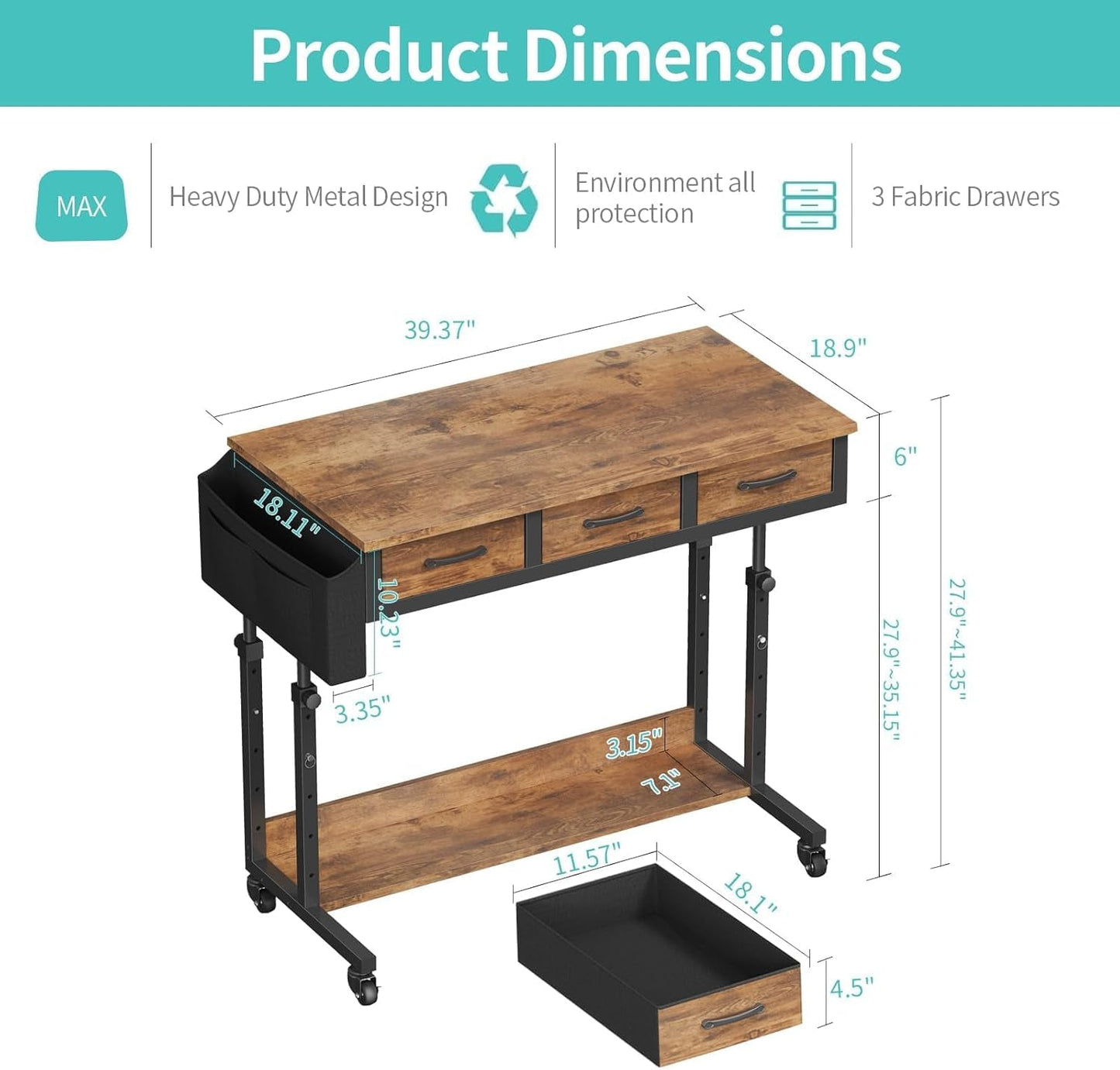 Rolling Height Adjustable Computer Desk With Drawers