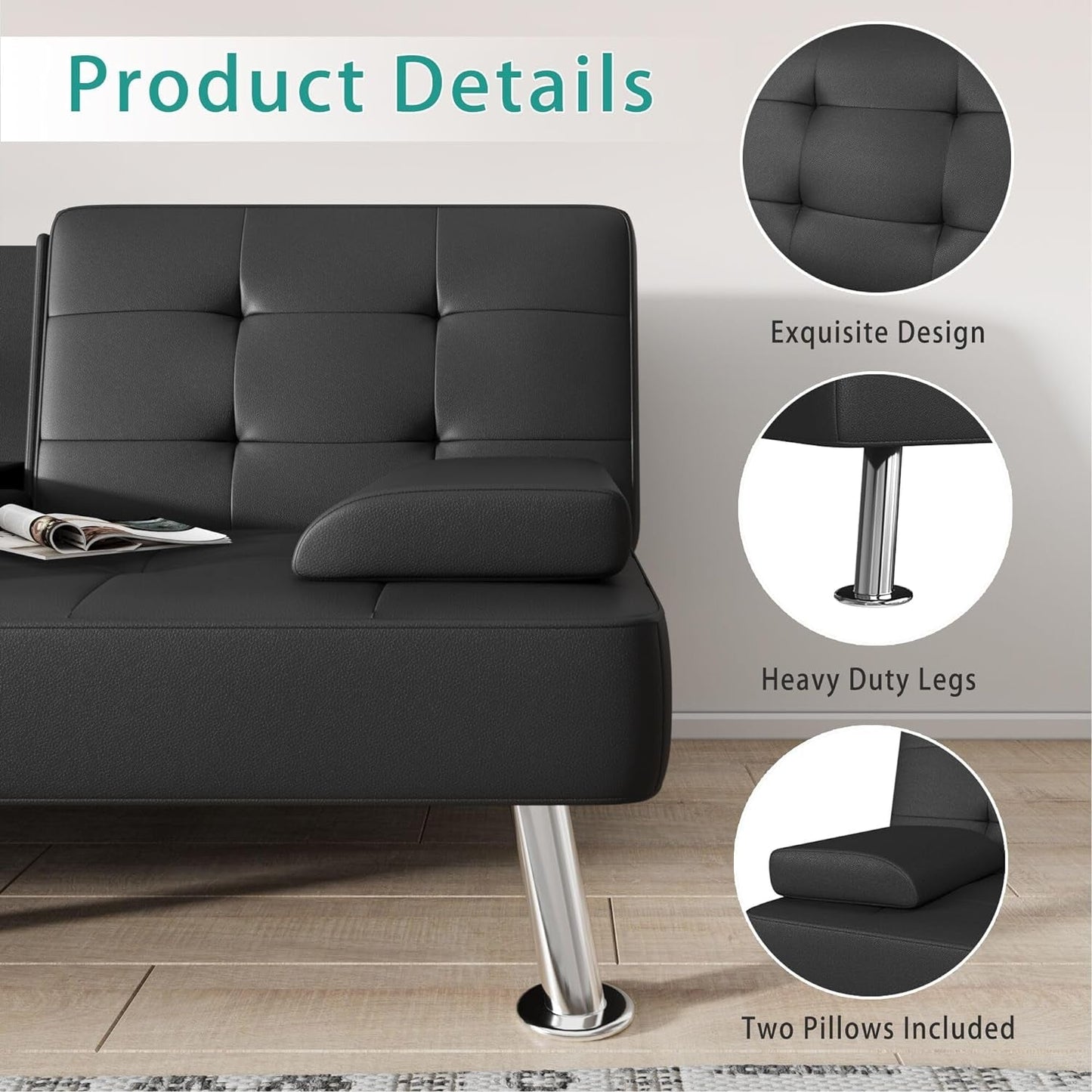 Futon Sofa Bed Black PU Leather With Cupholders Modern
