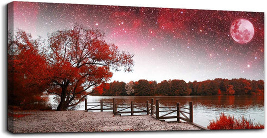 Stunning Red Tree and Moon Canvas Art - Exquisite Starry Sky Landscape Poster for Living Room & Bedroom Decor - Ready to Hang Wall Art for Your Home or Office