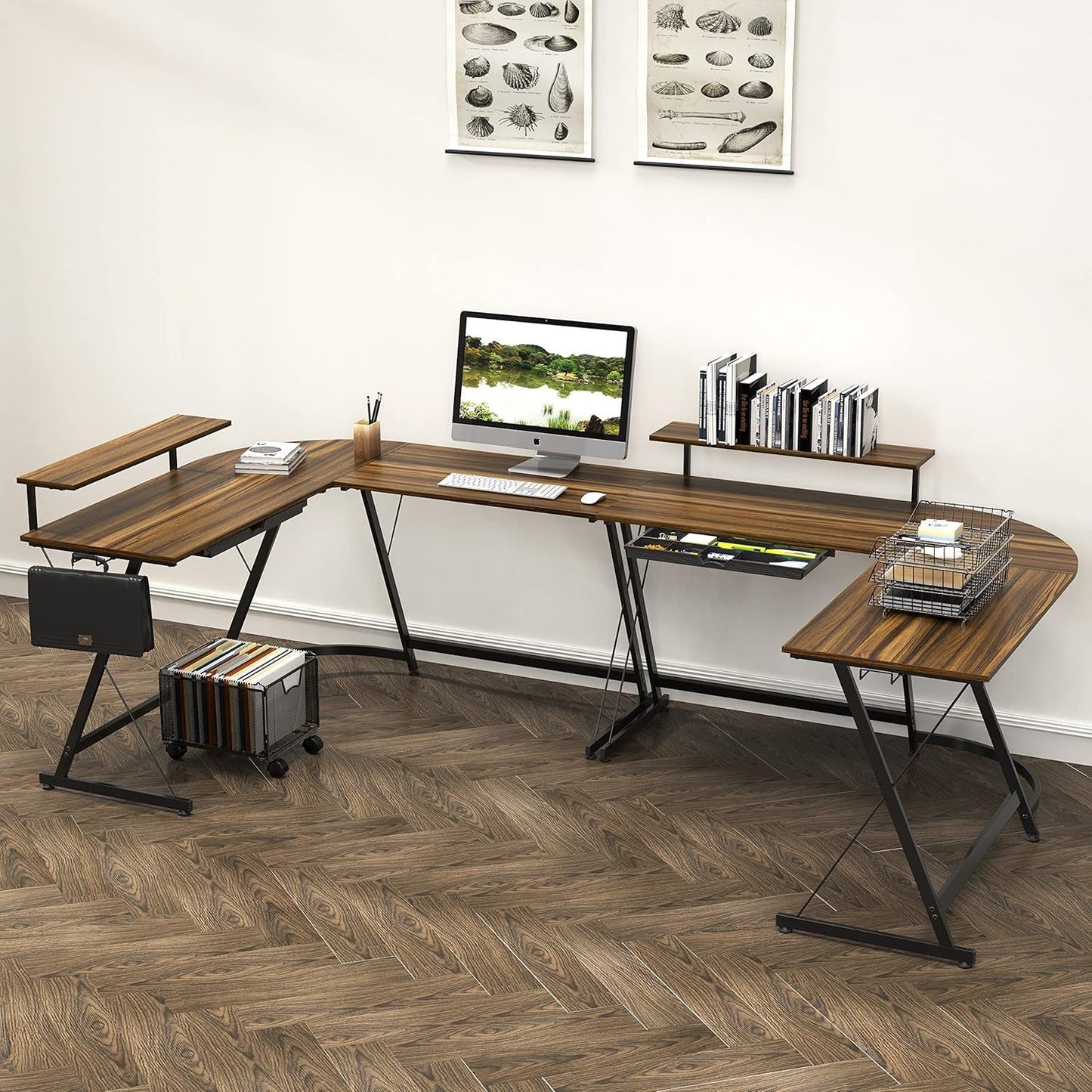 Vista L Shape Desk With Monitor Stand Walnut Finish