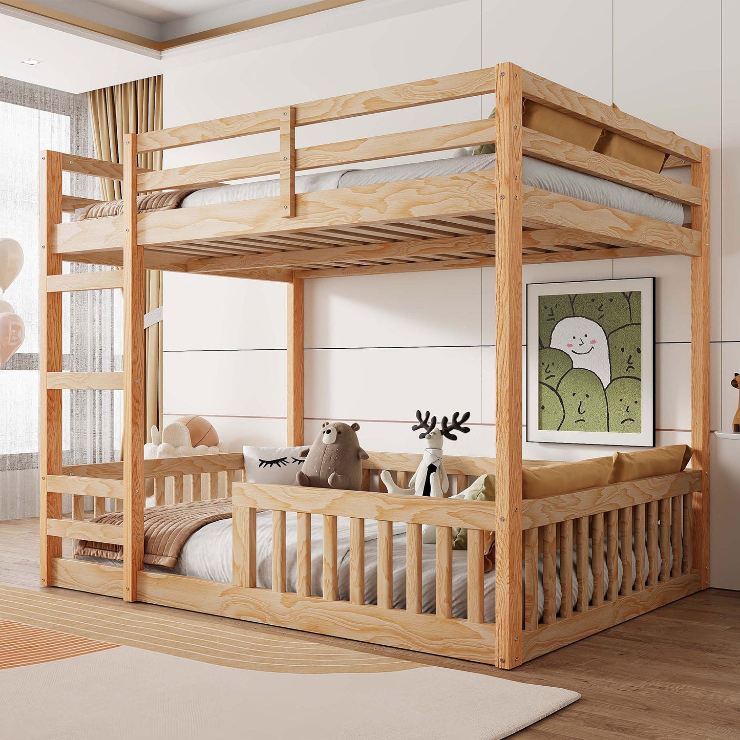 Full Over Full Wood Bunk Bed with Ladder and Guardrails