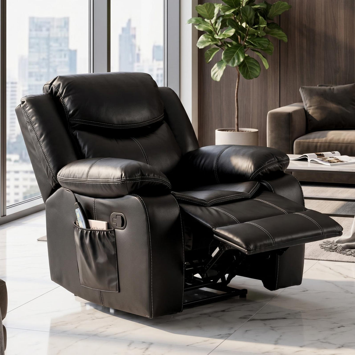Black Color Air Leather Recliner Chair With Vibration And Heating