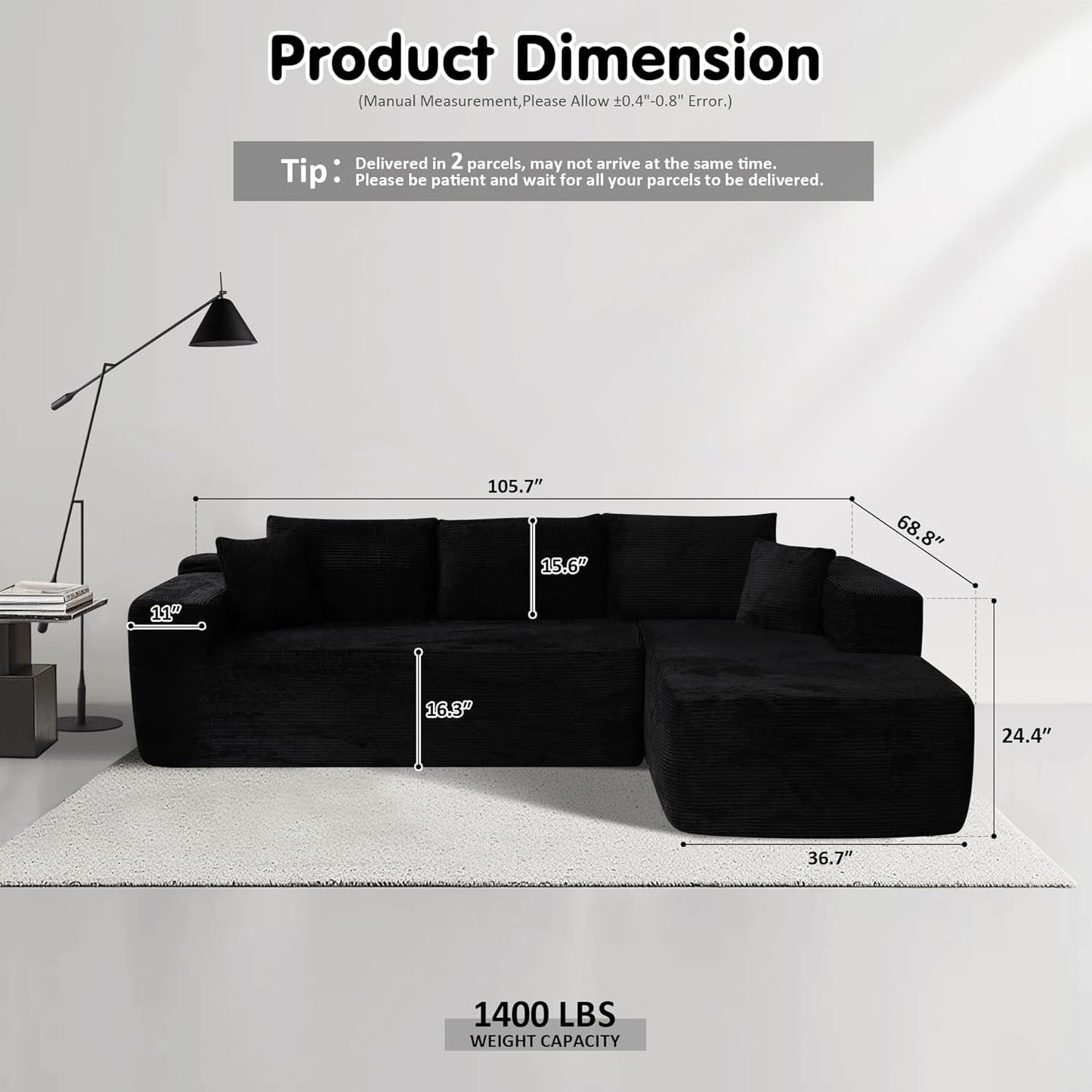 104 Inch Black Corduroy L Shaped Sectional Sofa Deep Set Upholstered Modular Couch No Assembly
