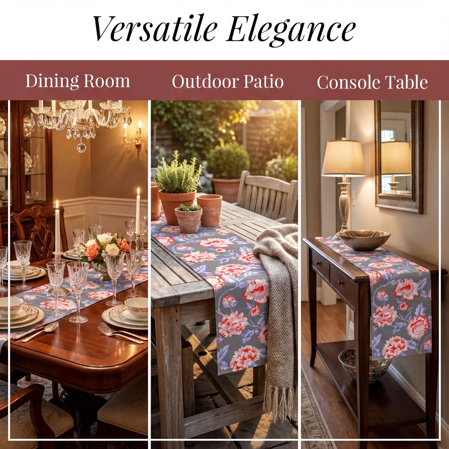 Gray Red Table Runner - Floral Polyester Indoor Outdoor Decorative Linen