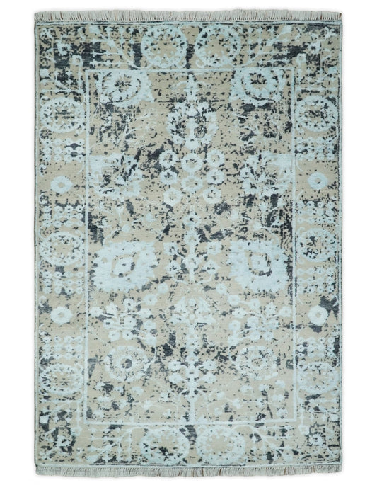 4x6 Fine Hand Knotted Aqua, Beige and Black Traditional Vintage Persian Style Antique Wool and Bamboo Silk Rug | AGR10