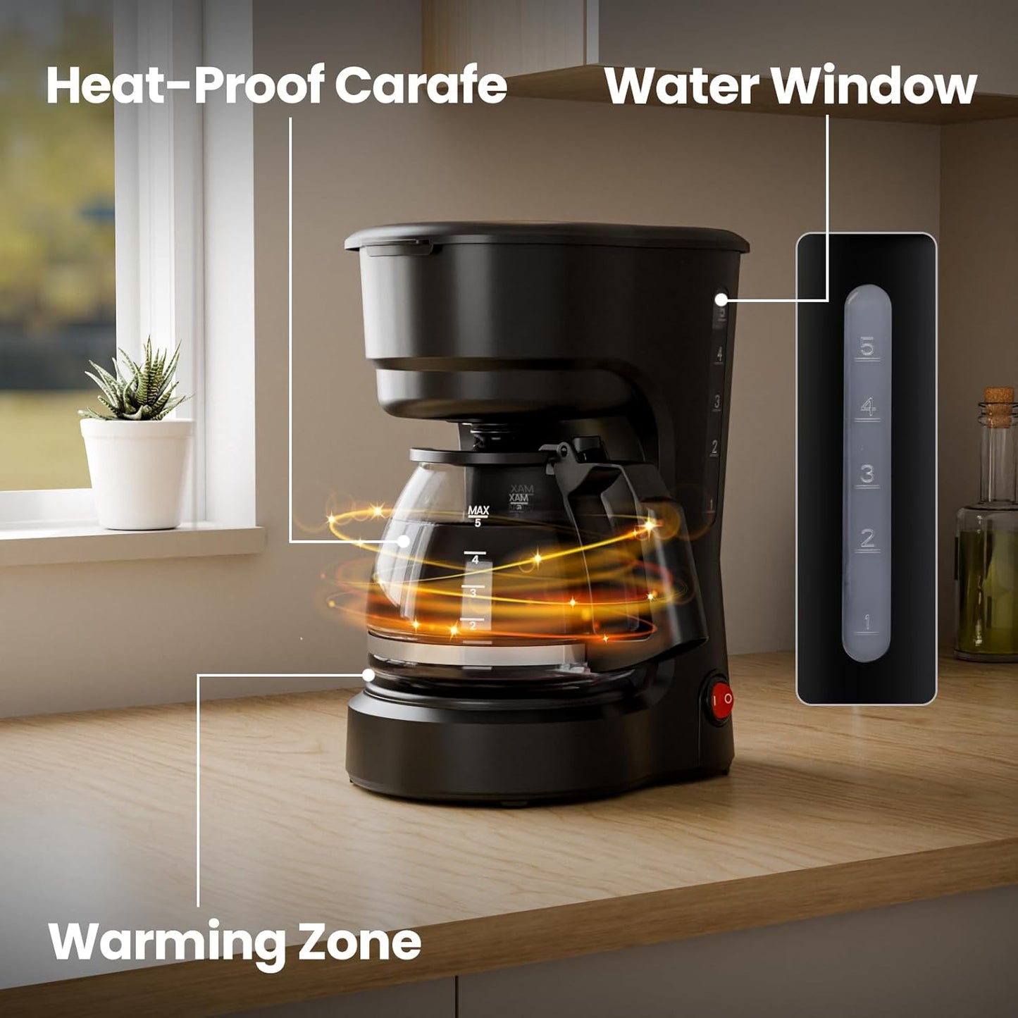 5-Cup Drip Coffee Maker - Programmable, Auto Brew, Auto Pause, Keep Warm Function CM3710H