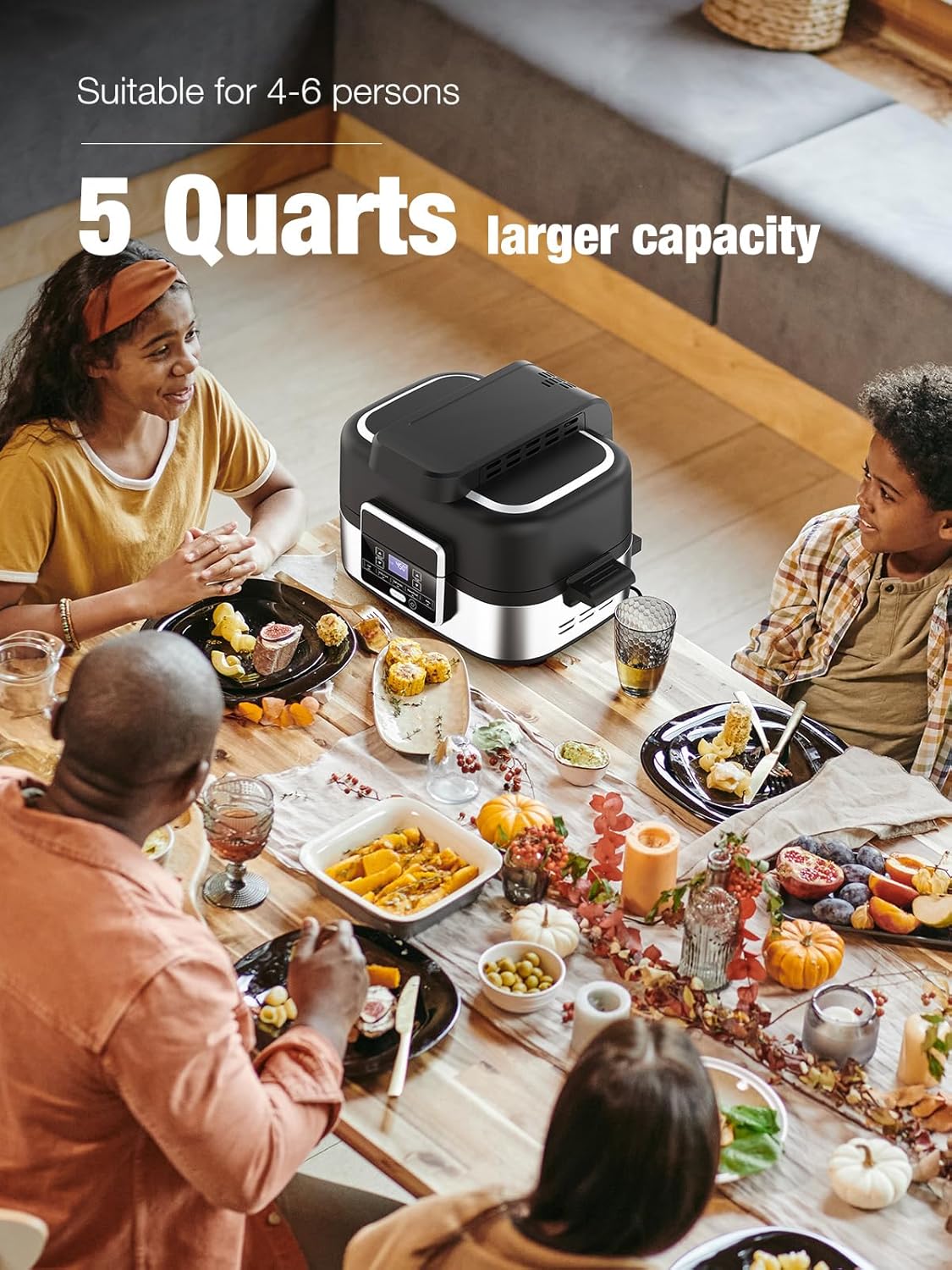 5-IN-1 5QT  Indoor Air Fry, Crisps, Roasts, Reheats, & Dehydrates, for Quick, Easy Meals,Nonstick，Black