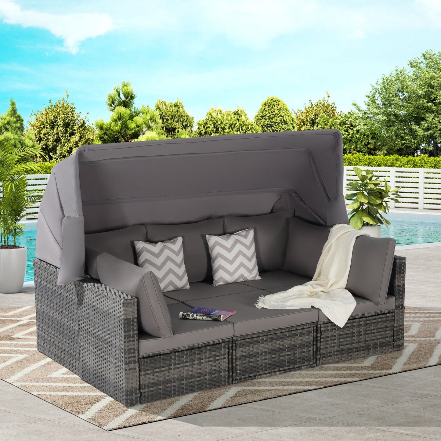 5 PCS Outdoor Patio Wicker Daybed Furniture Set With Retractable Canopy (SAK37816)