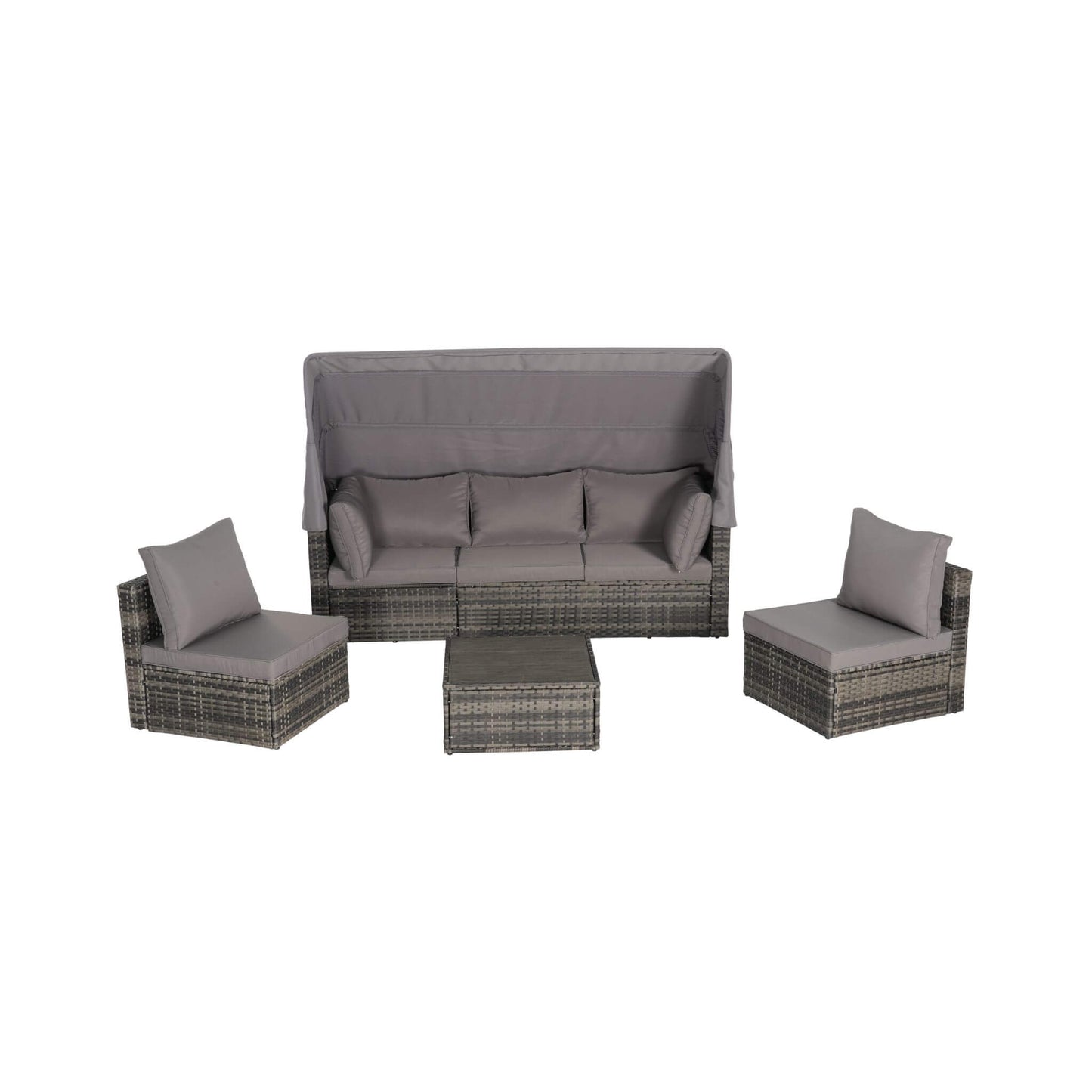 5 PCS Outdoor Patio Wicker Daybed Furniture Set With Retractable Canopy (SAK37816)