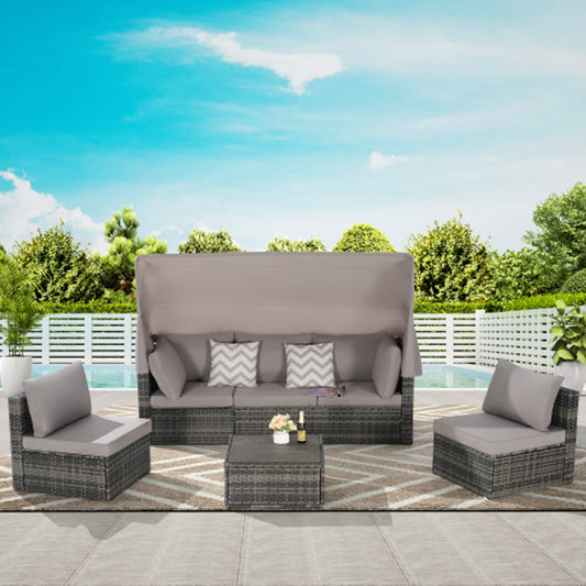 5 PCS Outdoor Patio Wicker Daybed Furniture Set With Retractable Canopy (SAK37816)