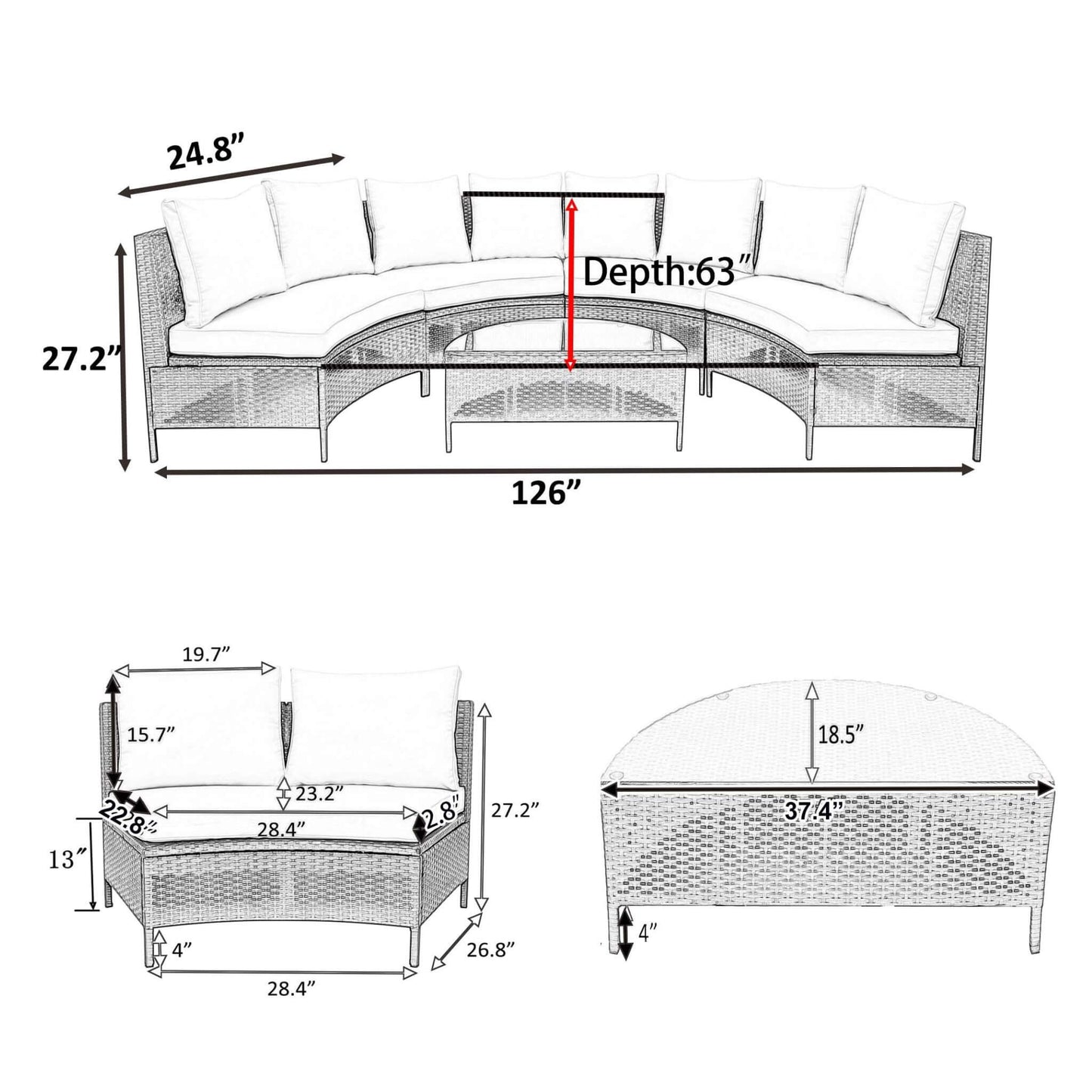Premium 5-Piece All-Weather Half-Moon Outdoor Rattan Wicker Patio Sectional Sofa Furniture Set With Tempered Glass Table (SAK32615)