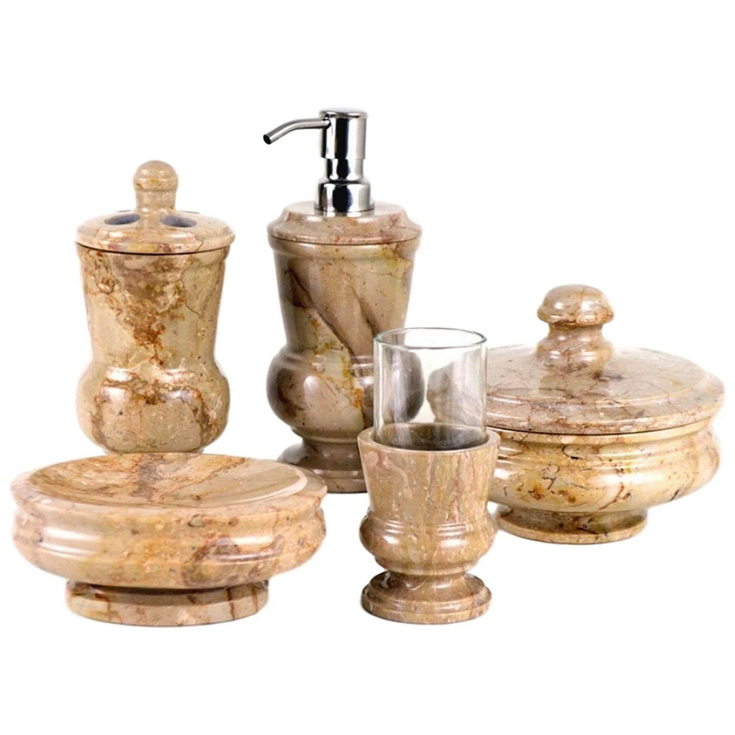 5 Piece Bathroom Accessory Set of Sahara Beige Marble