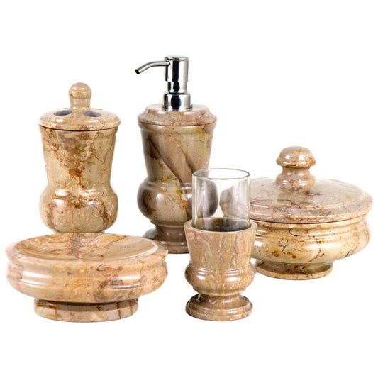 5 Piece Bathroom Accessory Set of Sahara Beige Marble