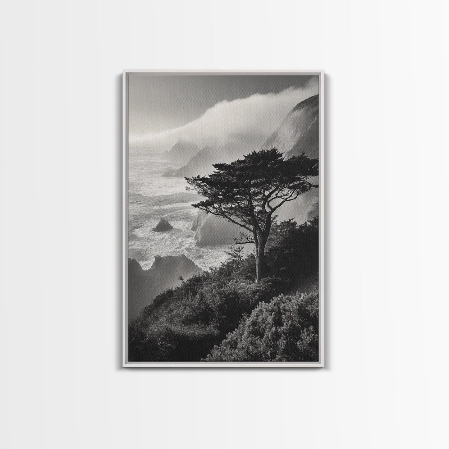 Tree On Cliffs, Foggy Coastline, Monochrome Coastal View, Moody Nature Scene, Framed Canvas Print, Bedroom Wall Art, Earthy Minimalist Decor