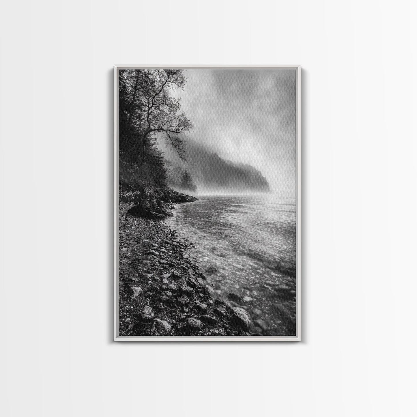 Foggy Coast, Moody Shore, Tranquil Pebbles, Forest Water, Framed Canvas Print, Bathroom Wall Art, Nature Photography Style, Calm Retreat Decor