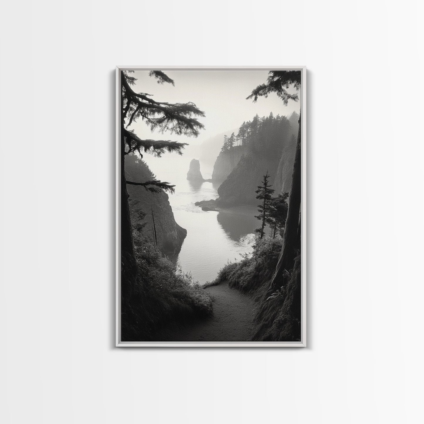 Forest Cliffs, Ocean Pathway, Misty Coast, Woodland Escape, Framed Canvas Print, Cabin Wall Art, Nature Trail Aesthetic, Autumn Mood Art