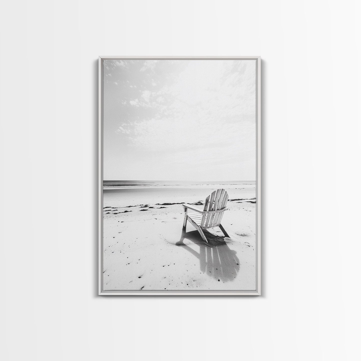 Beach Chair, Coastal Calm, Empty Shoreline, Canvas Print, Minimalist Wall Art, Beach House Decor, Serene Ocean Photography