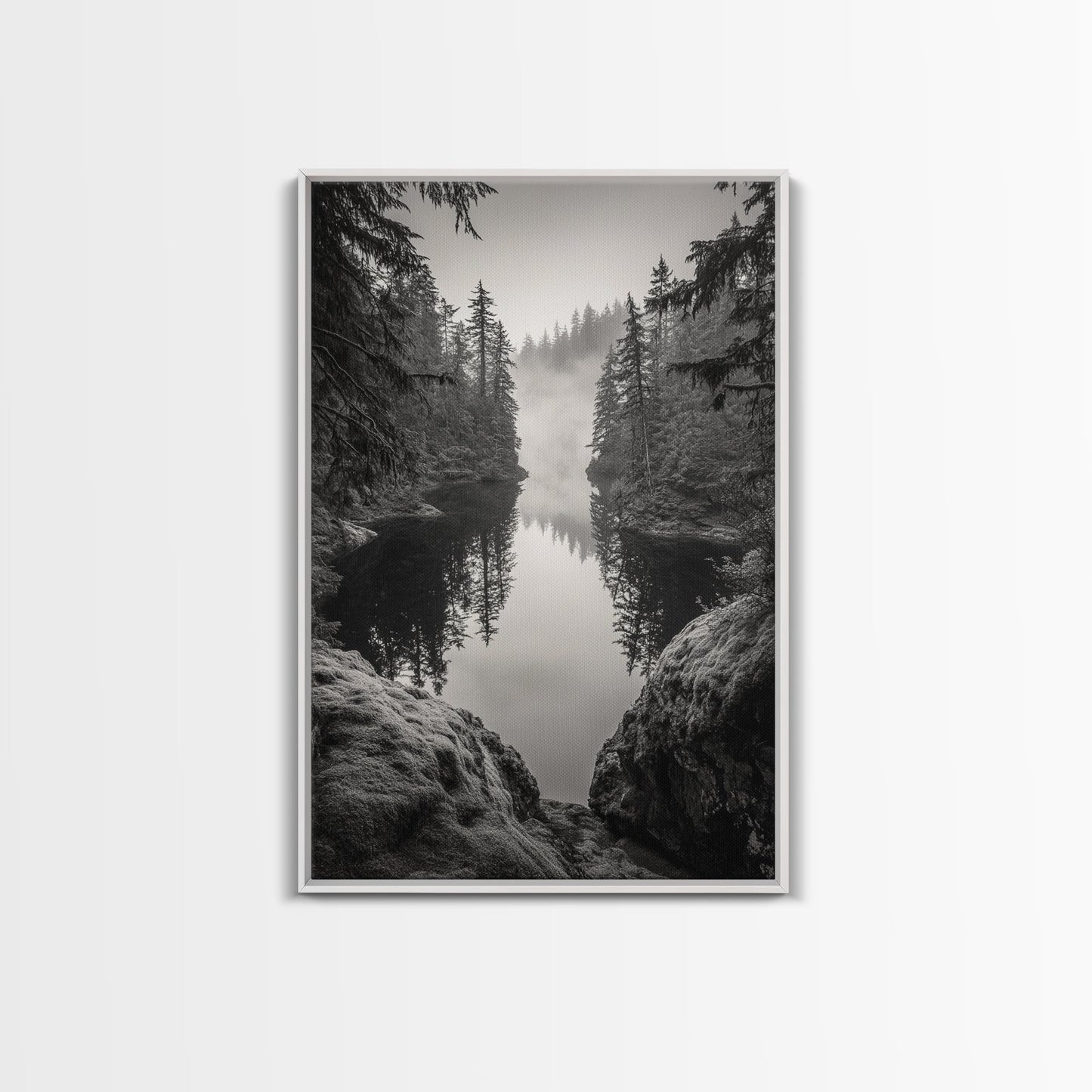 Misty Forest, River Reflection, Foggy Pines, Mountain Silence, Framed Canvas Print, Bedroom Wall Art, Tranquil Nature Photography, Zen Decor