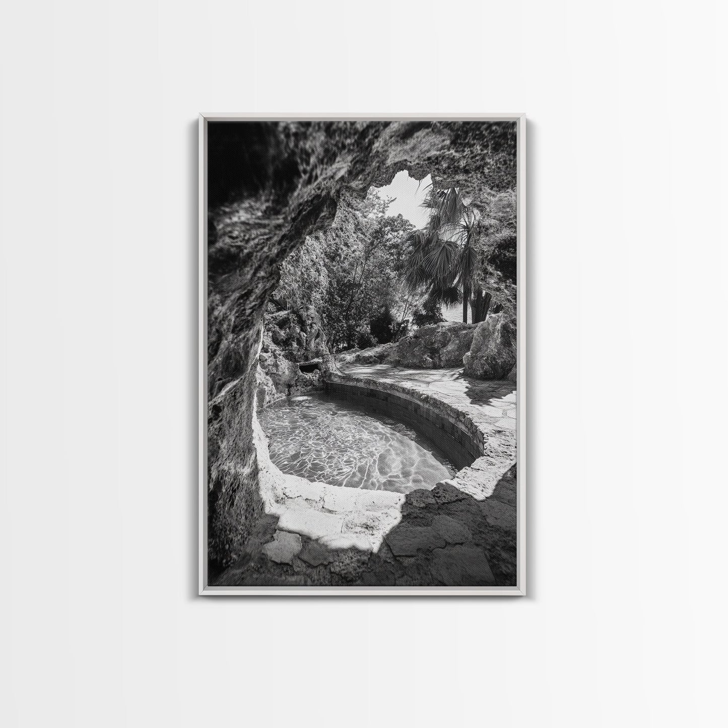 Hidden Pool Grotto, Tropical Oasis, Black and White Photo, Canvas Print, Spa Bathroom Art, Zen Vibes, Modern Nature Wall Decor