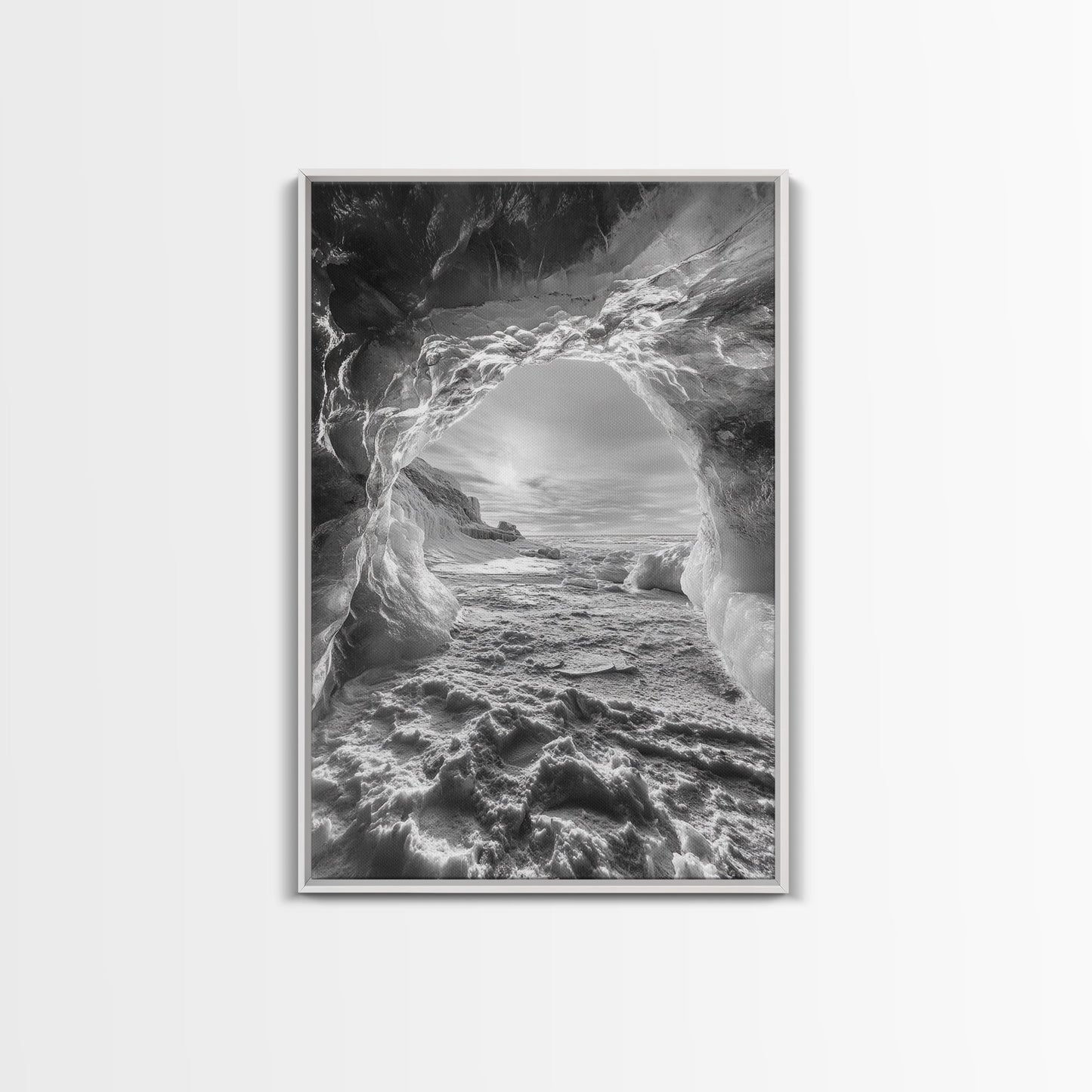 Ice Cave Opening, Winter Wonderland, Arctic Light, Framed Canvas Print, Bedroom Wall Art, Nordic Landscape, Minimalist Winter Art