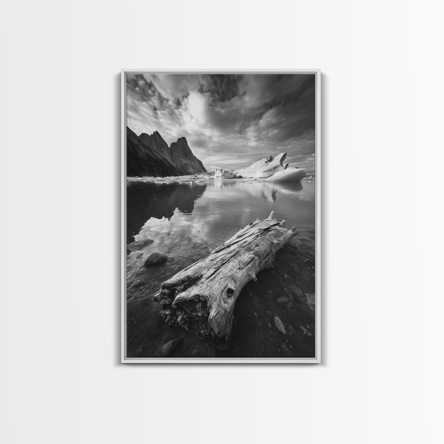 Arctic Driftwood View, Iceberg Horizon, Moody Mountains, Framed Canvas Print, Office Wall Art, Monochrome Nature, Nordic Aesthetic