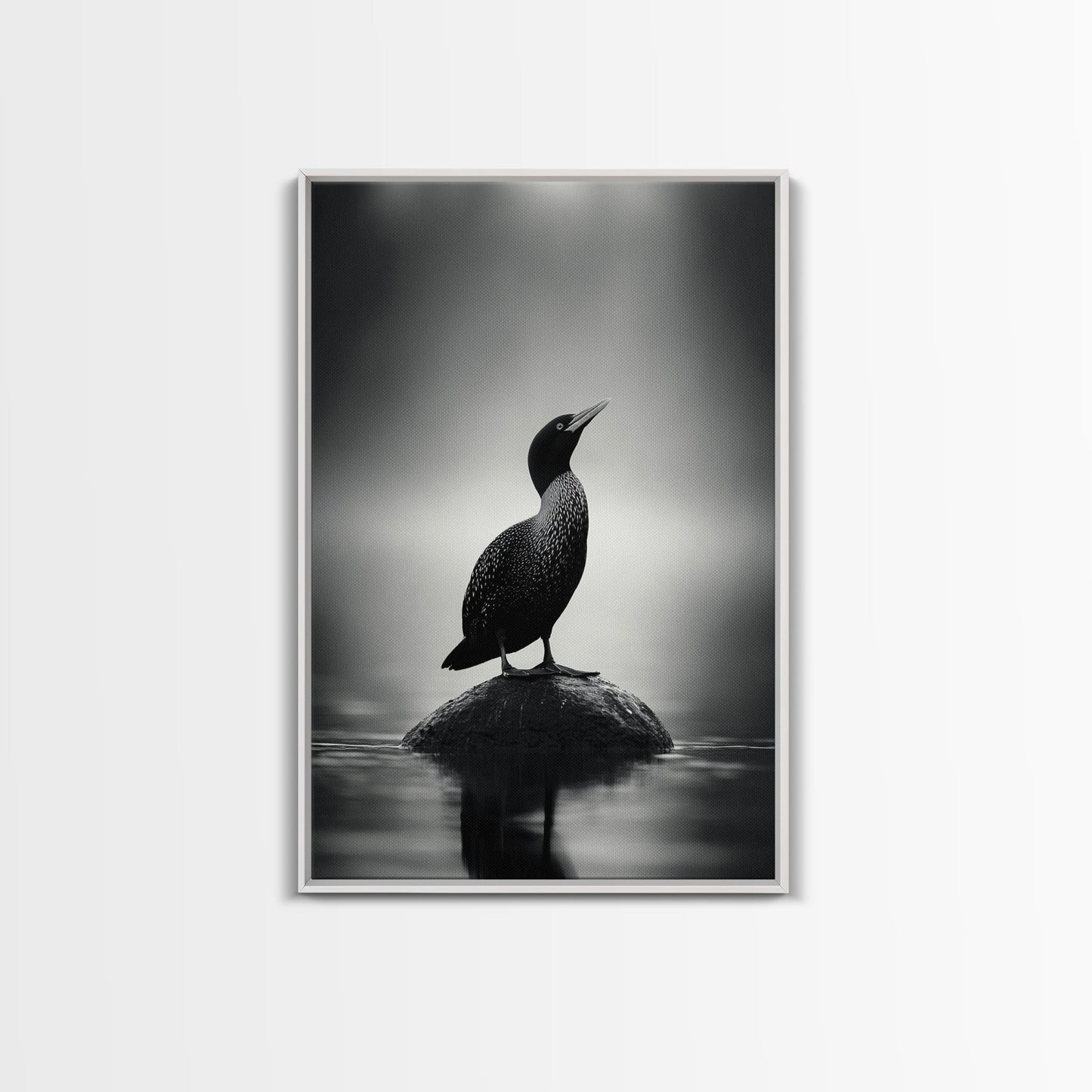 Loon on Rock, Morning Mist, Water Bird Focus, Canvas Print, Minimalist Animal Art, Office Decor, Tranquil Lake Scene Wall Art