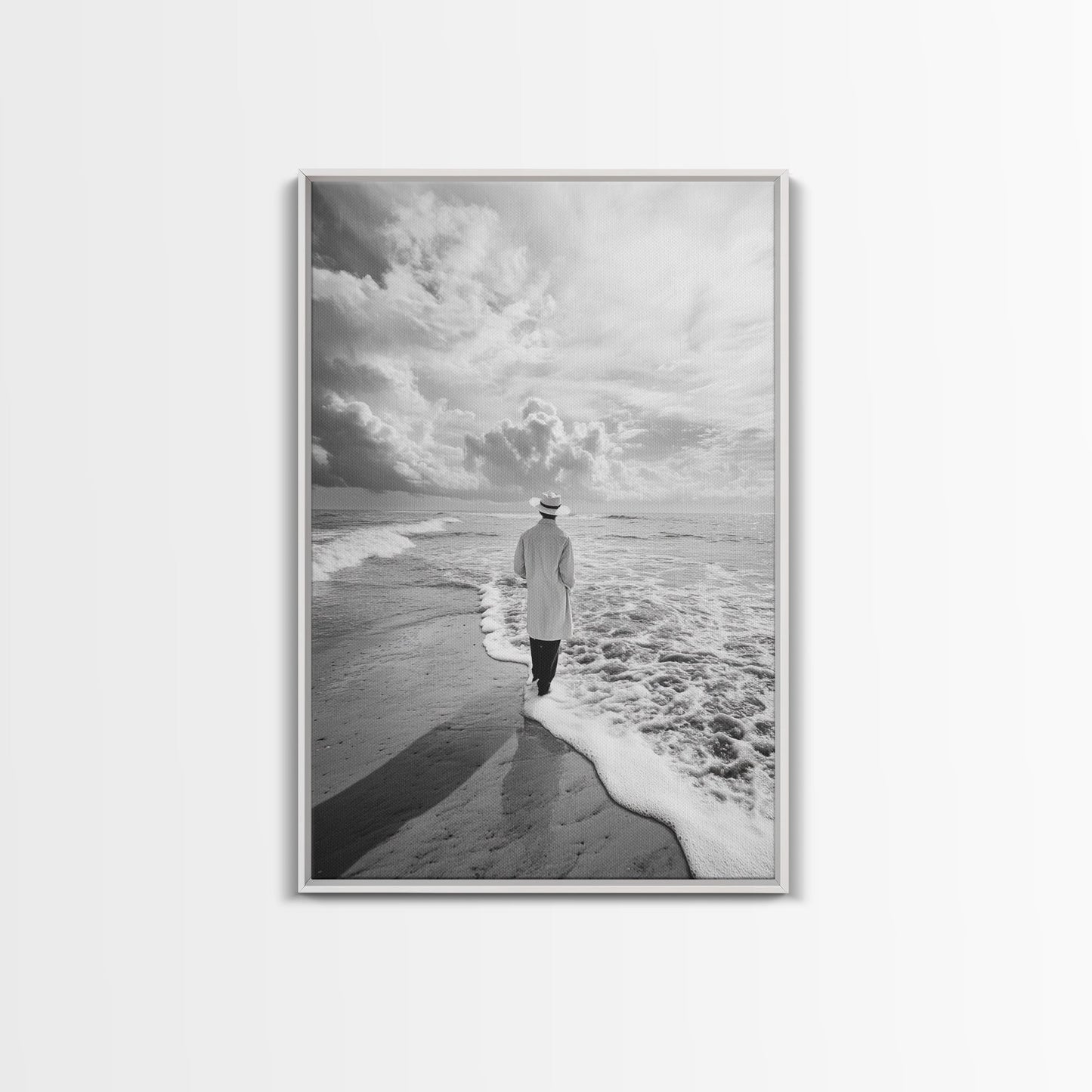 Man On Shore, Thoughtful Walk, Ocean Wanderer, Framed Canvas Print, Minimalist Fall Art, Bedroom Decor, Moody Coastal Scene
