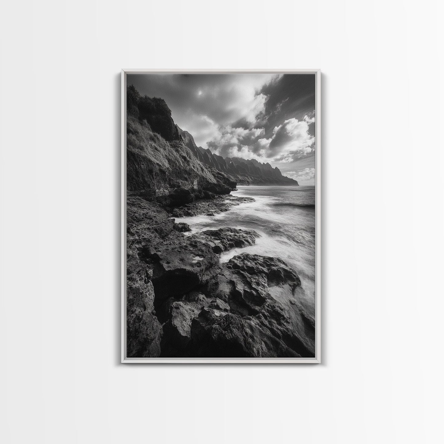 Coastal Cliffs, Ocean Horizon, Wild Waves, Framed Canvas Print, Bathroom Wall Art, Black and White Seascape, Coastal Decor, Moody Art