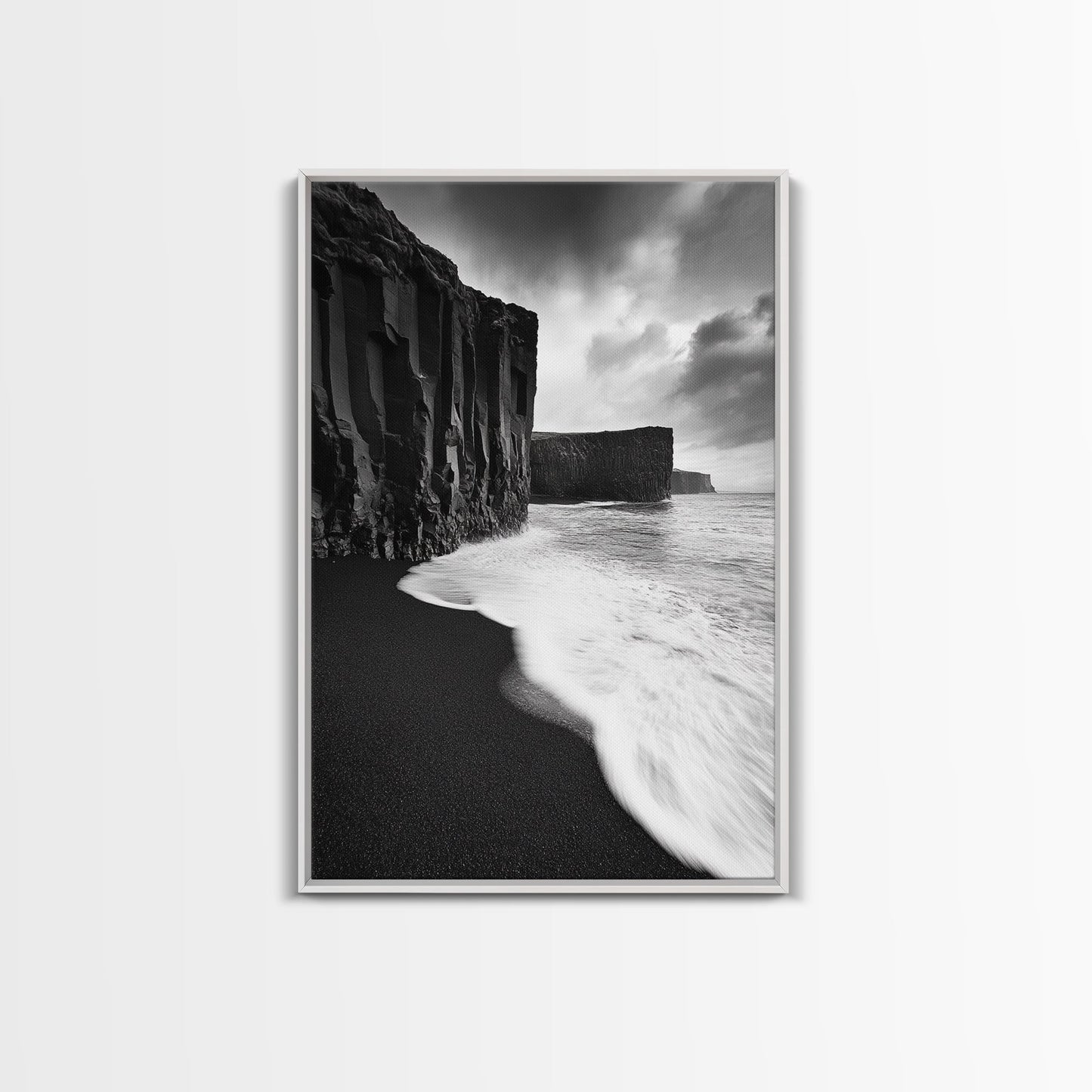 Ocean Cliffs, Black Sand, Moody Coast, Rugged Shoreline, Framed Canvas Print, Icelandic Wall Art, Adventure Decor, Modern Nature Art
