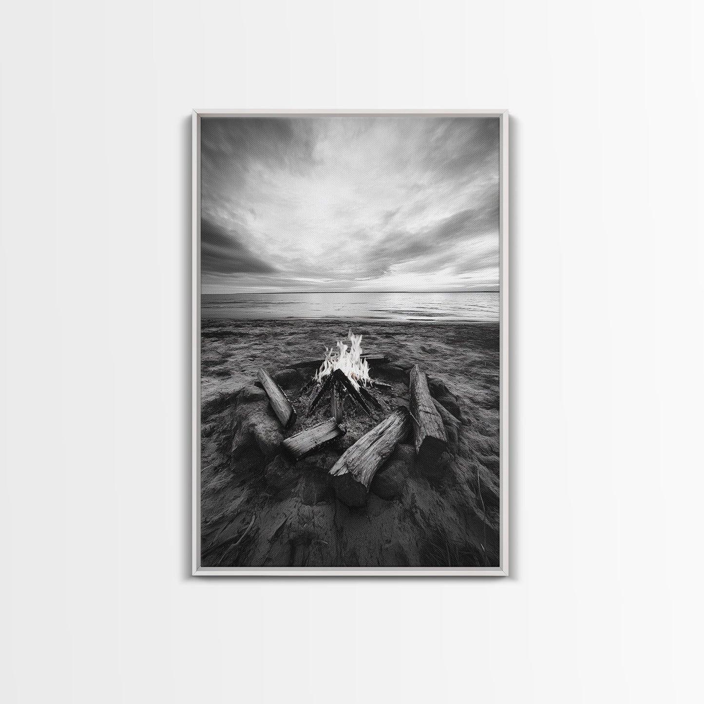 Coastal campfire glow, serene seaside bonfire, sunset flames, sandy warmth, Framed Canvas Print, Fall decor, cozy cabin wall art